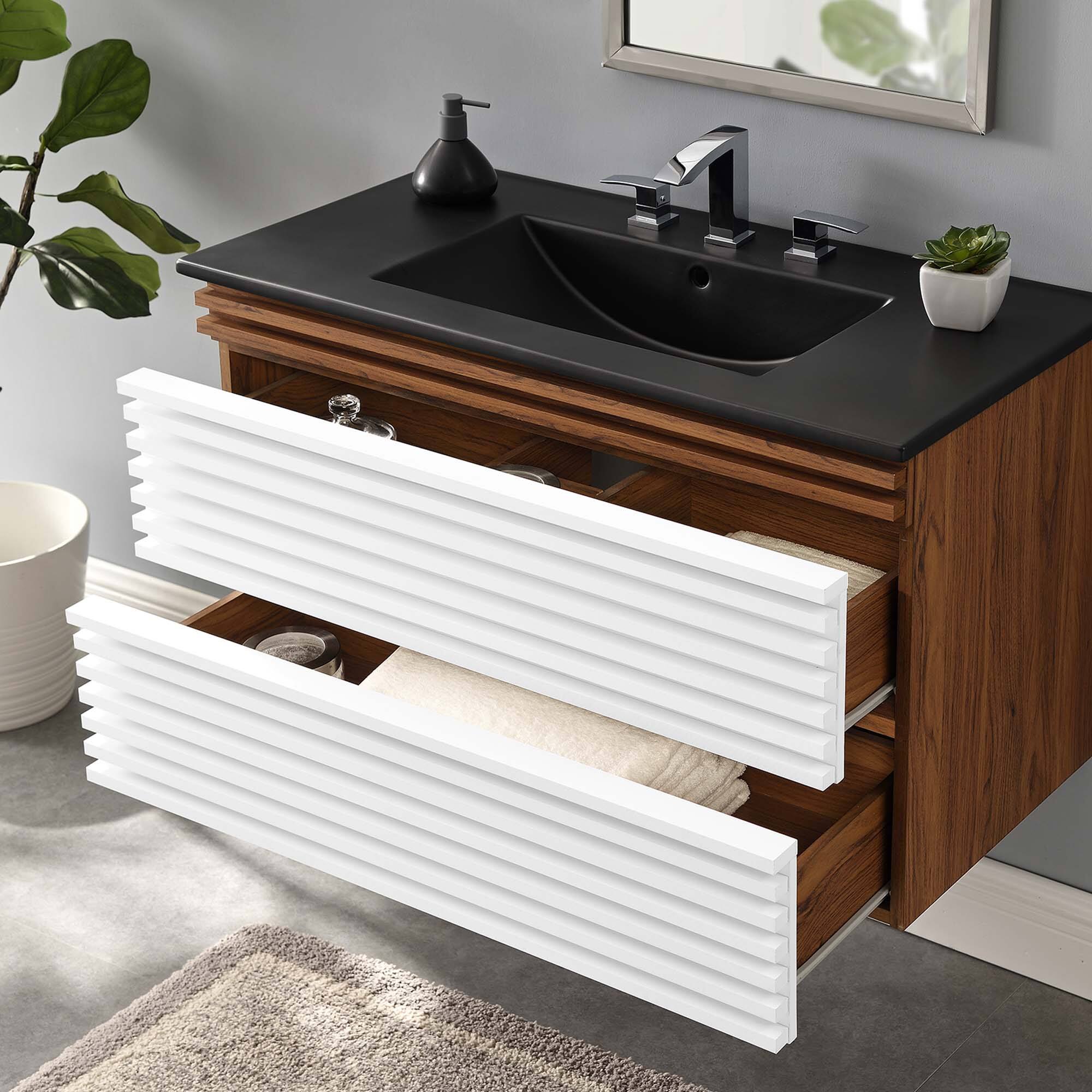 Back. Modway - Render Wall-Mount Bathroom Vanity with Black Basin Included - White Walnut Black.