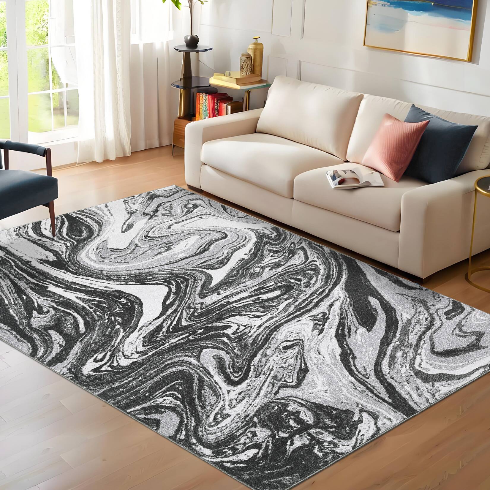 Angle. Jojoka - Modern Abstract Area Rug Machine Washable Non Slip Stain Resistant Low Pile Indoor Rug for Living Room Bedroom Kitchen - Grey.