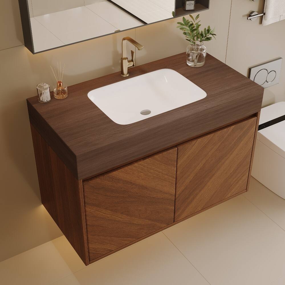 Loheer 30 inch wall mounted bathroom vanity Brown Oak Floating Cabinet ...