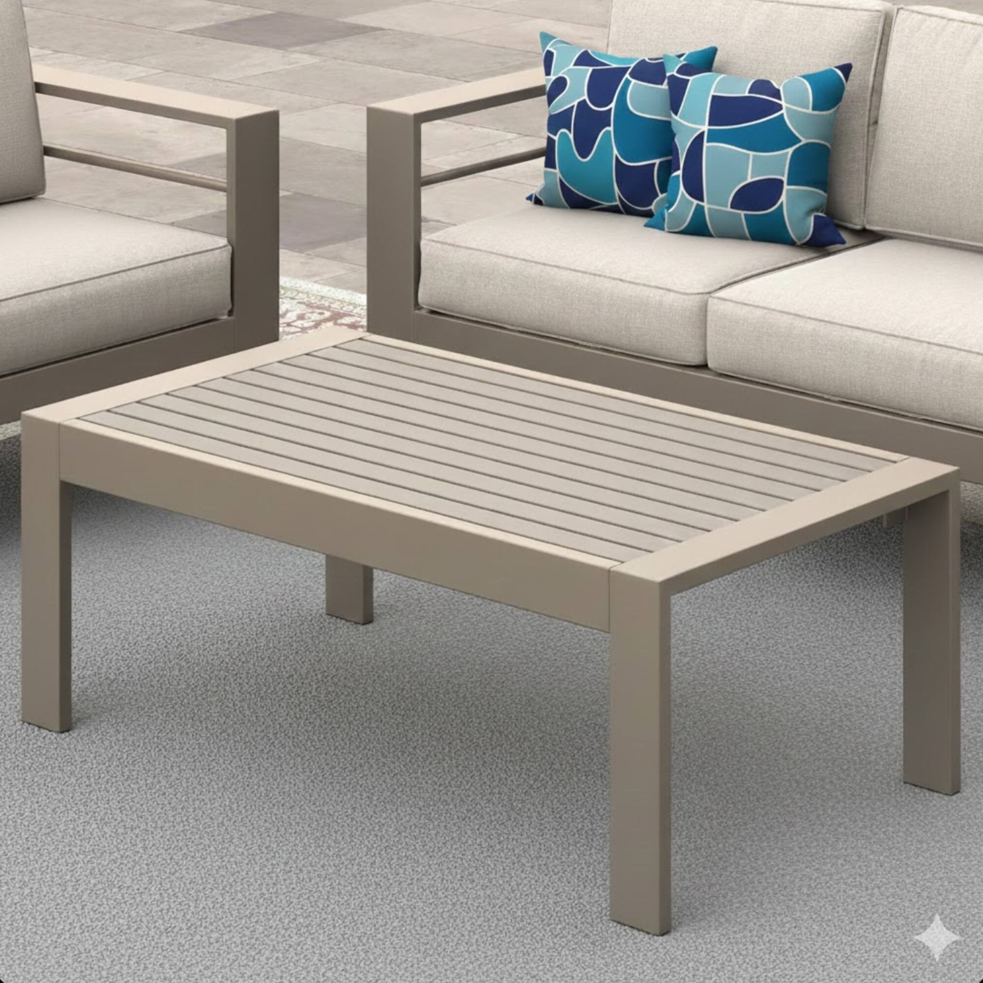 Left. Mondawe - 43" x 24" Metal Outdoor Coffee Table with Wood-Look Top - Khaki.