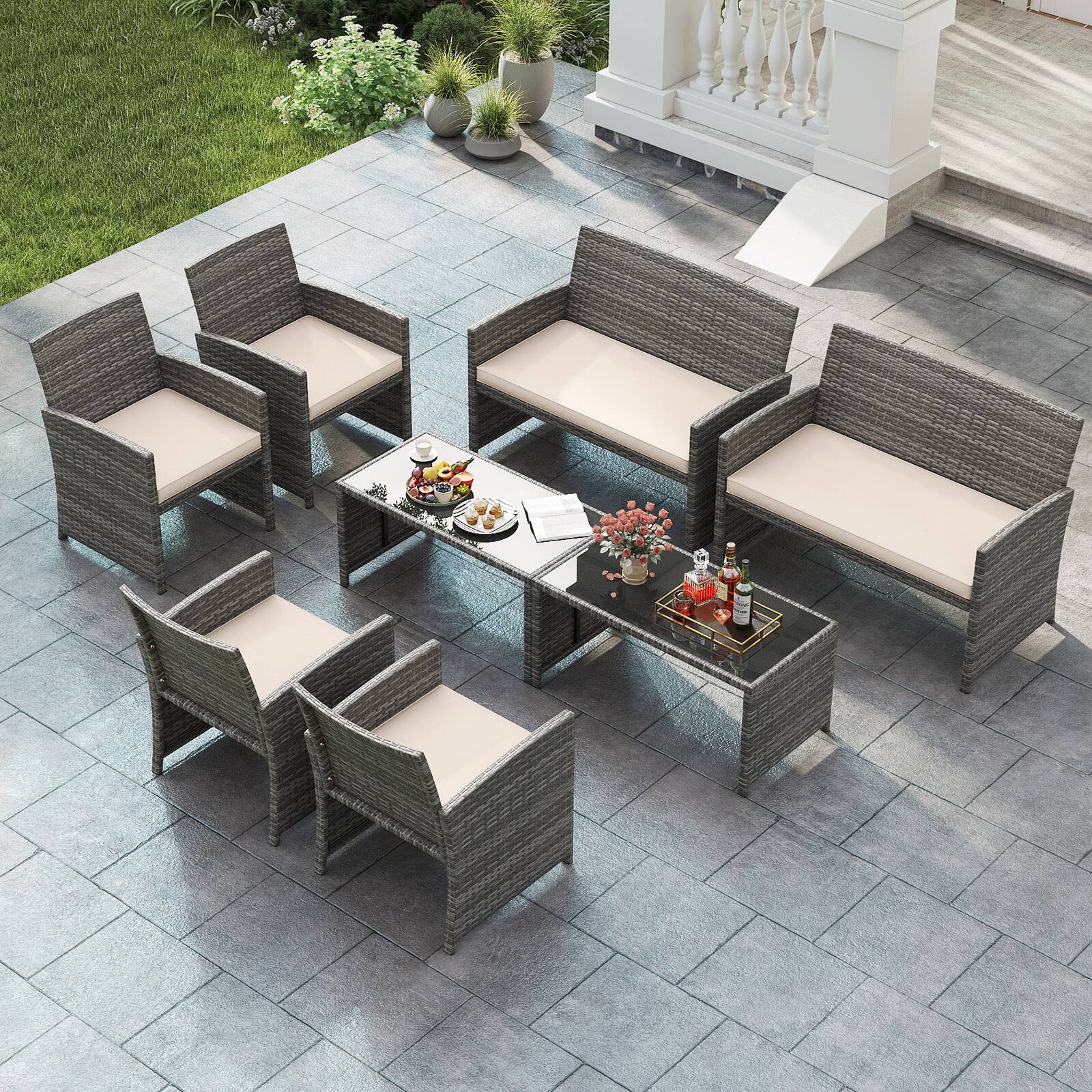 Alt View 1. Gymax - Gymax 8PCS Patio Outdoor Conversation Set w/Seat Cushions & Tempered Glass Tabletop Off White - Off White.