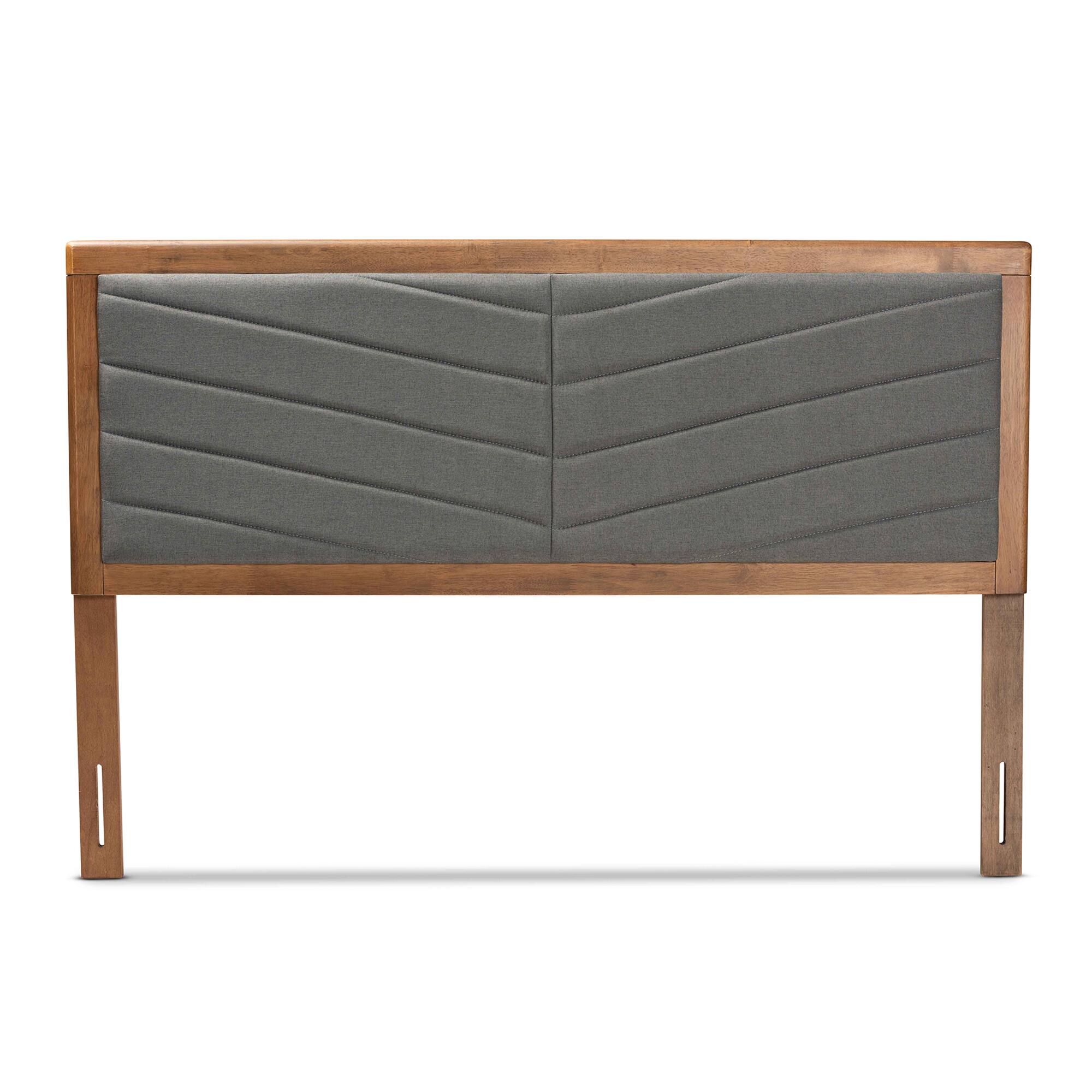 Angle. Baxton Studio - Iden Modern and Contemporary Fabric Upholstered and Finished Wood Queen Size Headboard - Dark Grey/Walnut Brown.