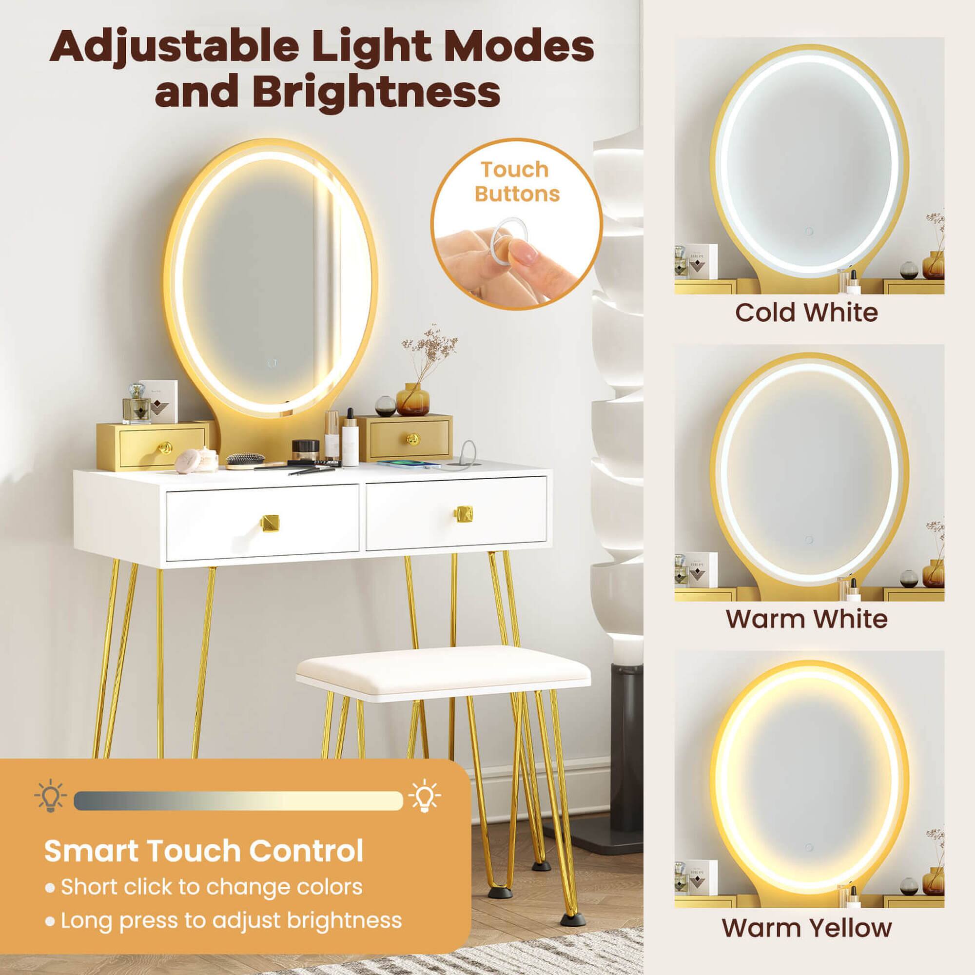 Adjustable Light Modes and Brightness

Touch Buttons

Smart Touch Control
- Short click to change colors
- Long press to adjust brightness

Cold White

Warm White

Warm Yellow