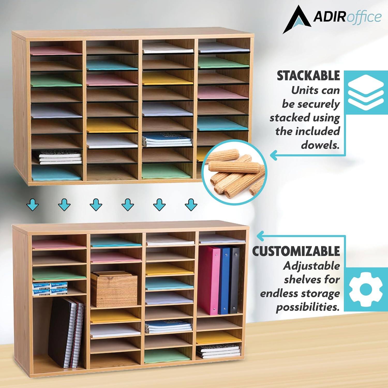 ADIRoffice STACKABLE Units can be securely stacked using the included dowels. CUSTOMIZABLE Adjustable shelves for endless storage possibilities.
