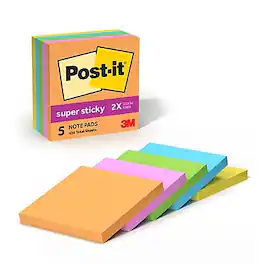Post-it - Super Sticky Notes, 3" x 3", Energy Boost Collection, 90 Sheet/Pad, 5 Pads/Pack - Blue/Orange/Pink/Yellow/Lime