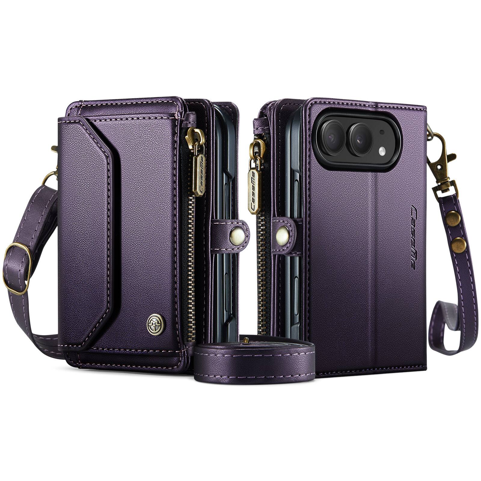 Angle. UUCOVER - Magnetic Zipper Wallet Case for Apple iPhone Duo Leather Card Slots RFID Blocking Stand Cover with Shoulder/Wrist Strap - Purple.