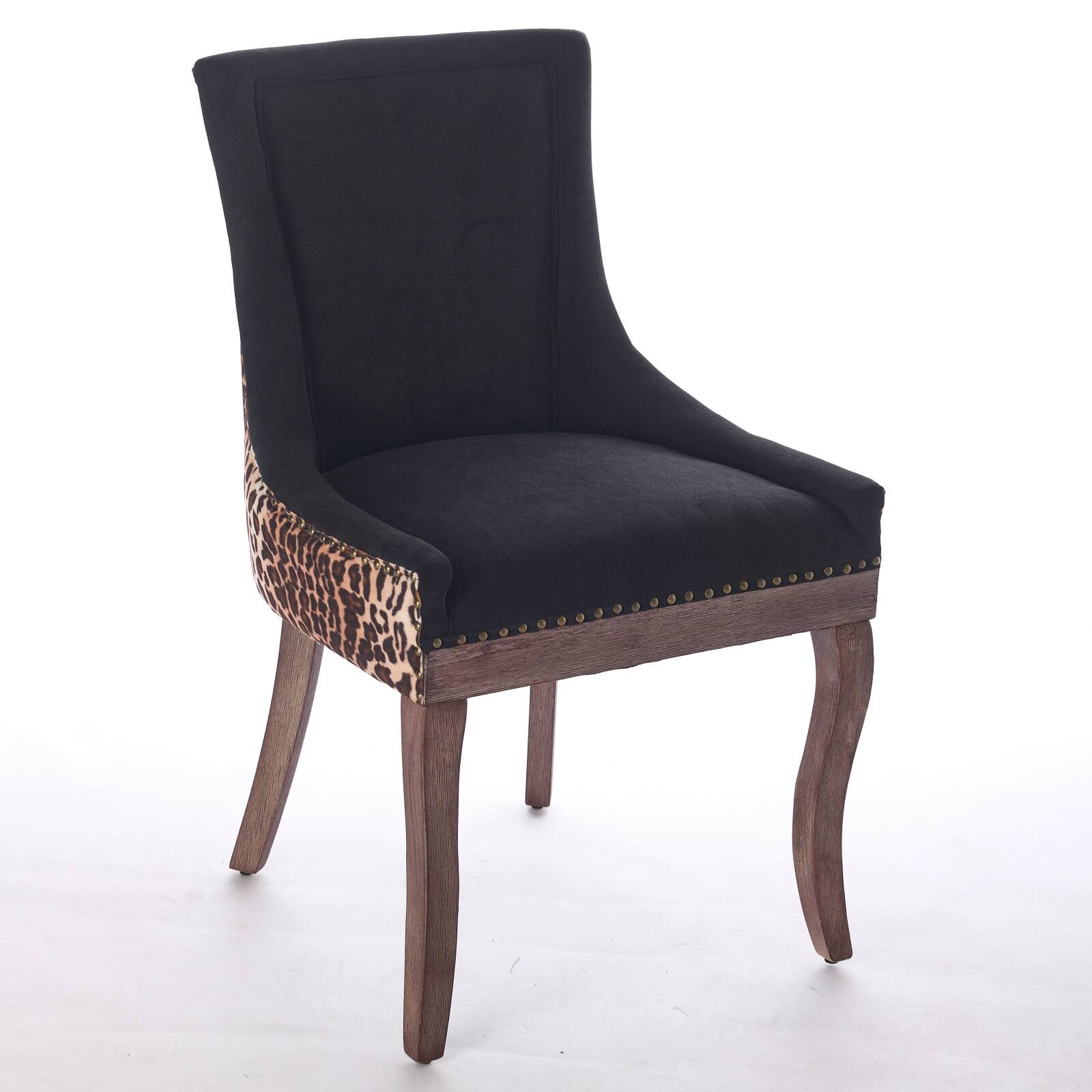 Back. GOODSILO - Ultra Side Dining Chair - Set of 2, Solid Wood Legs, Bronze Nail Head - Leopard.