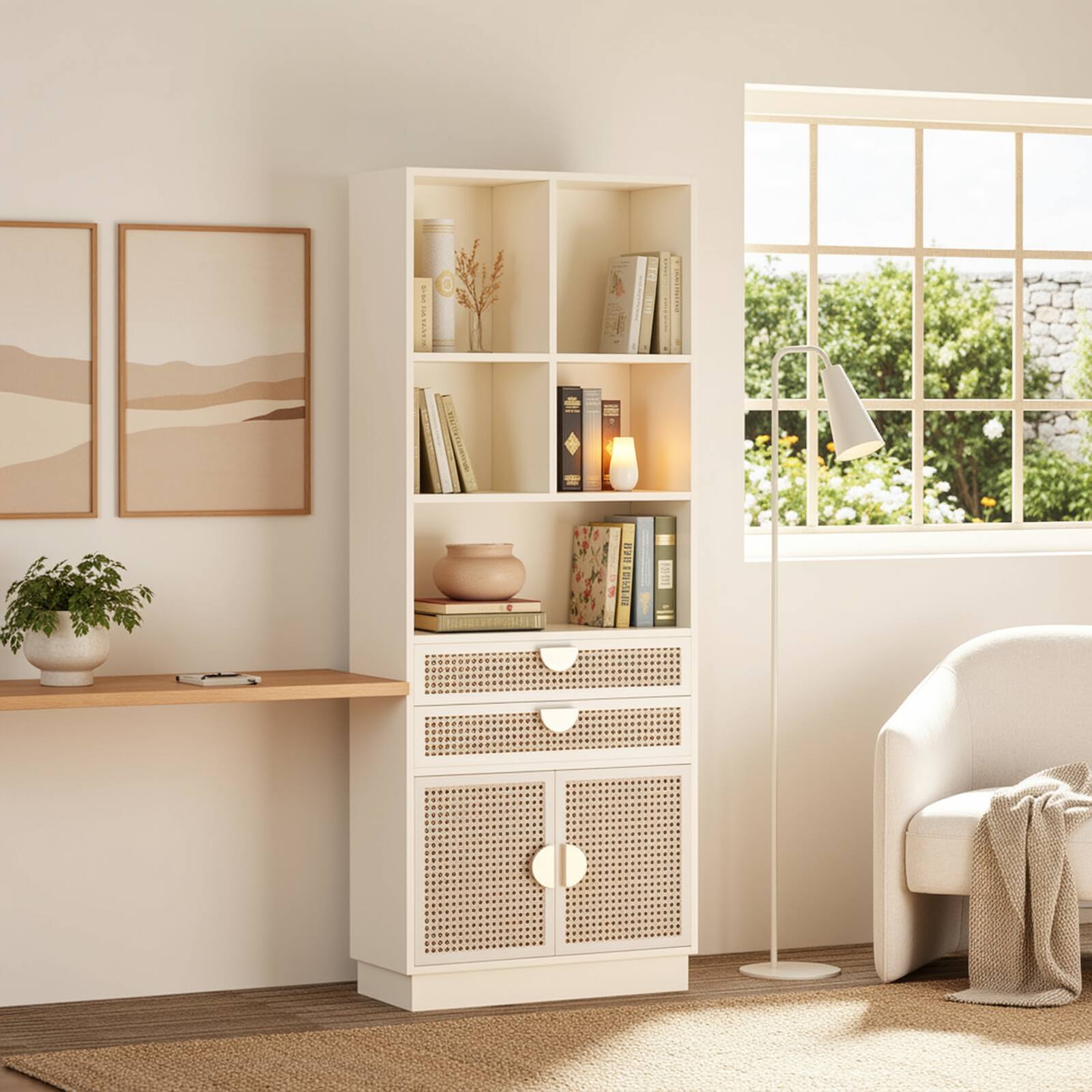 Front. ModernMate - 59 inch Tall White Rattan Bookshelf with 2 Drawers, Doors and 5 Storage Cubes - White Rattan.