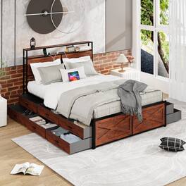 LUCKY ONE - Queen Size Bed Frame with Storage Headboard and 12 Drawers LED Lights - Rustic Brown