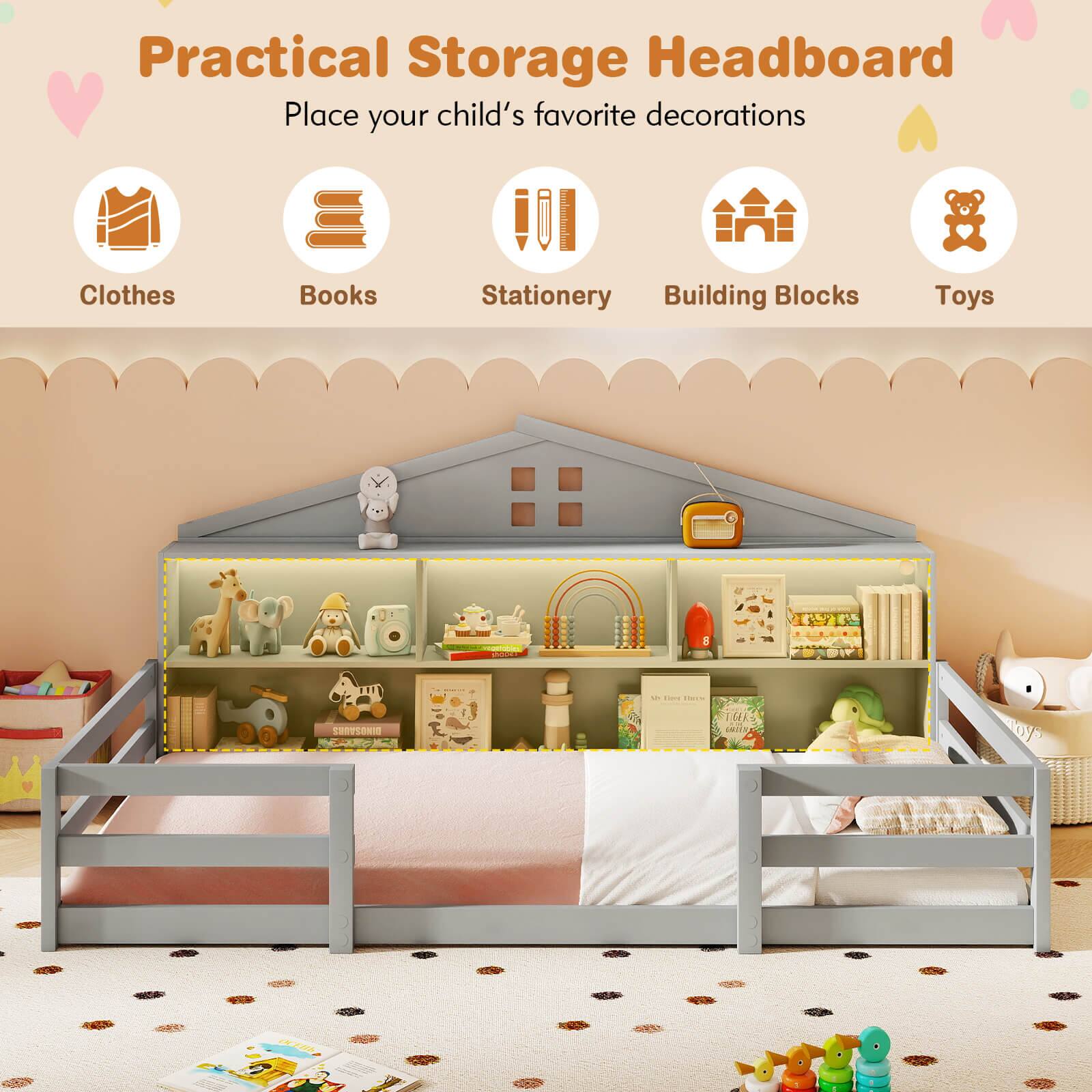 Practical Storage Headboard  
Place your child's favorite decorations  

- Clothes  
- Books  
- Stationery  
- Building Blocks  
- Toys