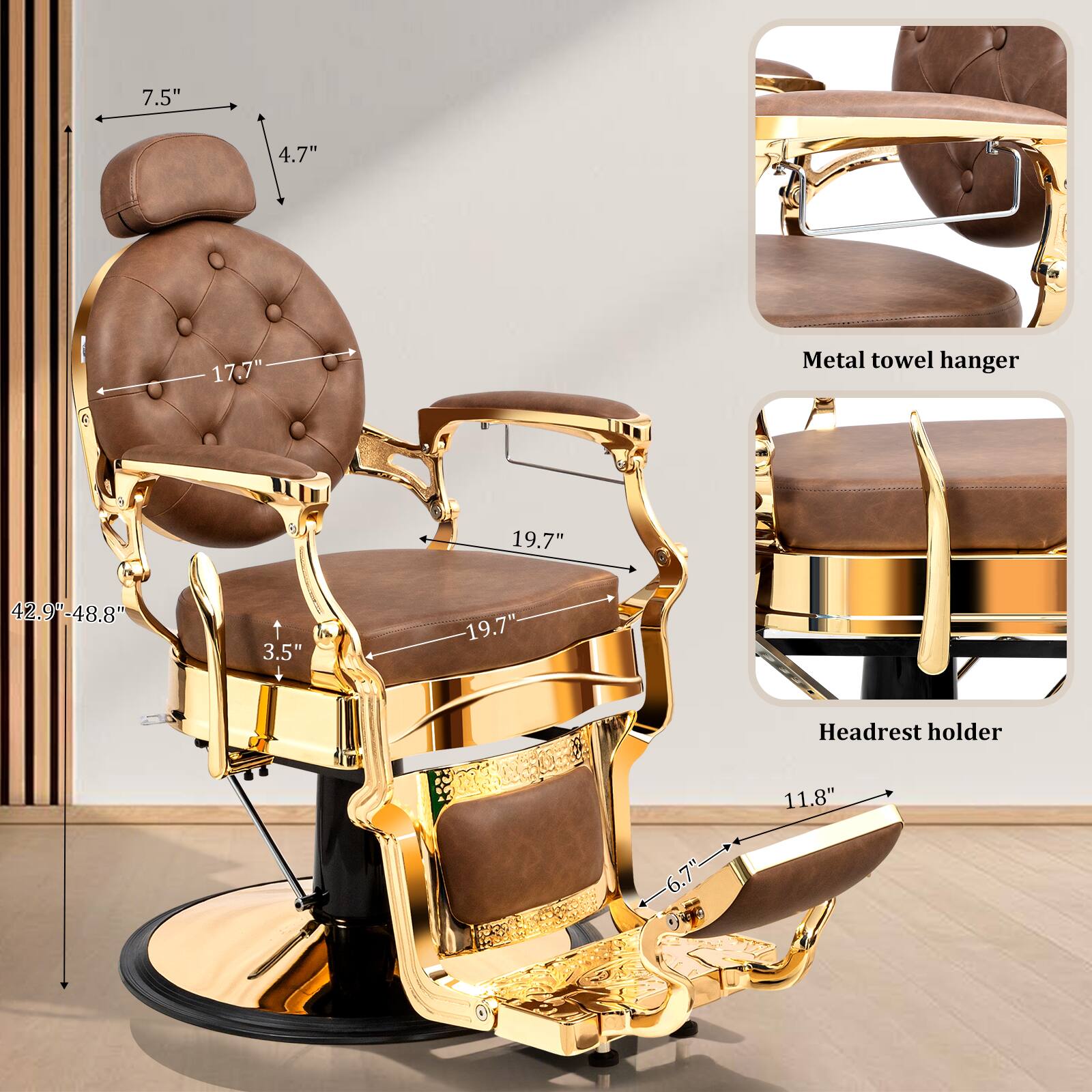 7.5"  
4.7"  
17.7"  
Metal towel hanger  
19.7"  
42.9-48.8"  
3.5"  
19.7"  
Headrest holder  
11.8"  
6.7"