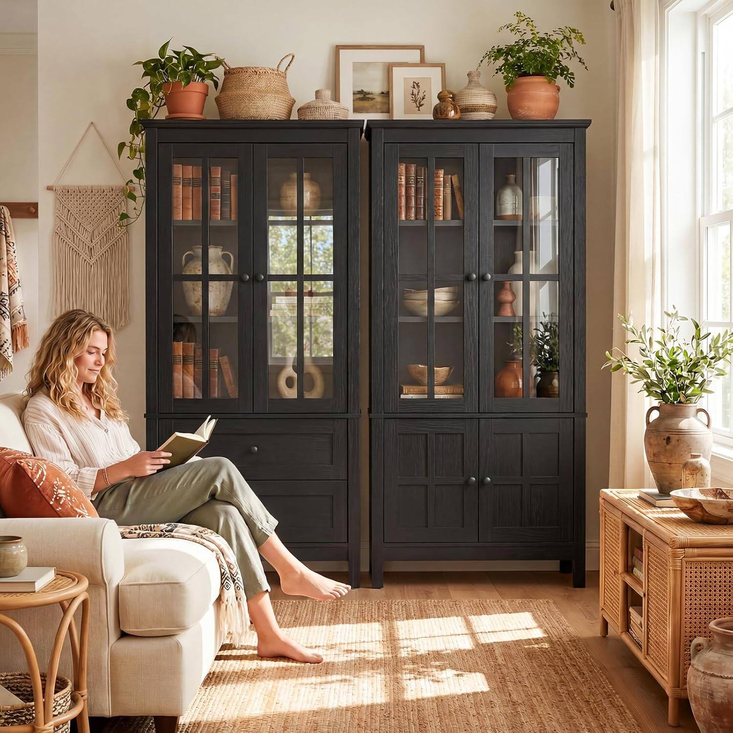 Left. Aheaplus - 63'' Tall Farmhouse Pantry Storage Cabinet 2 Piece Set, Kitchen Pantry with 2 Drawers and Adjustable Shelves, 2 Packs - Black.