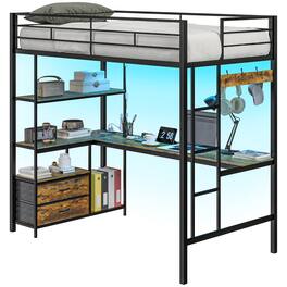 Homcom - Twin Metal Loft Bed: L-Shaped Desk w/LED Charging, Fabric Drawers Guardrail Ladder, Noise-Free - Black
