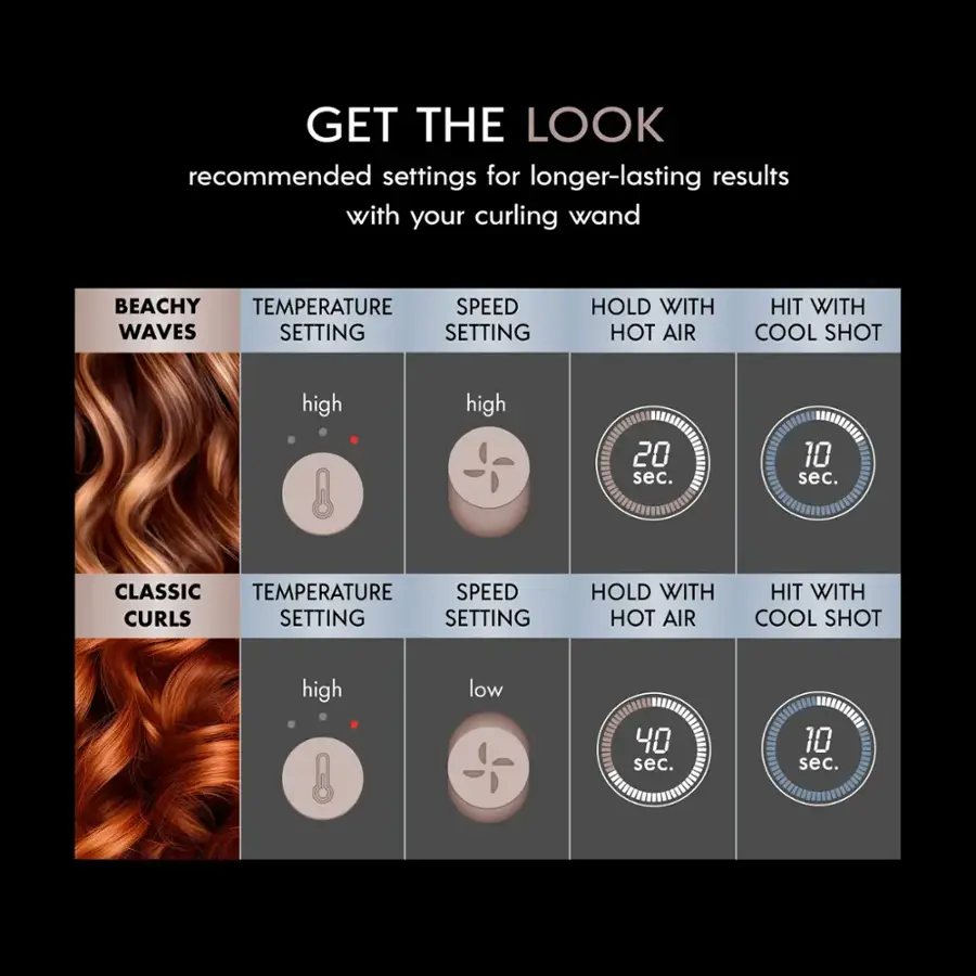 The text on the image is already grouped and correctly labeled. The recommended settings for longer-lasting results with your curling wand are:

1. Beachy Temperature: Speed Waves Setting: Hold with Hot Air, Hit with Cool Shot (high high 20 sec.)
2. Classic Temperature: Curls Setting: Hold with Hot Air, Hit with Cool Shot (high low 40 sec.)