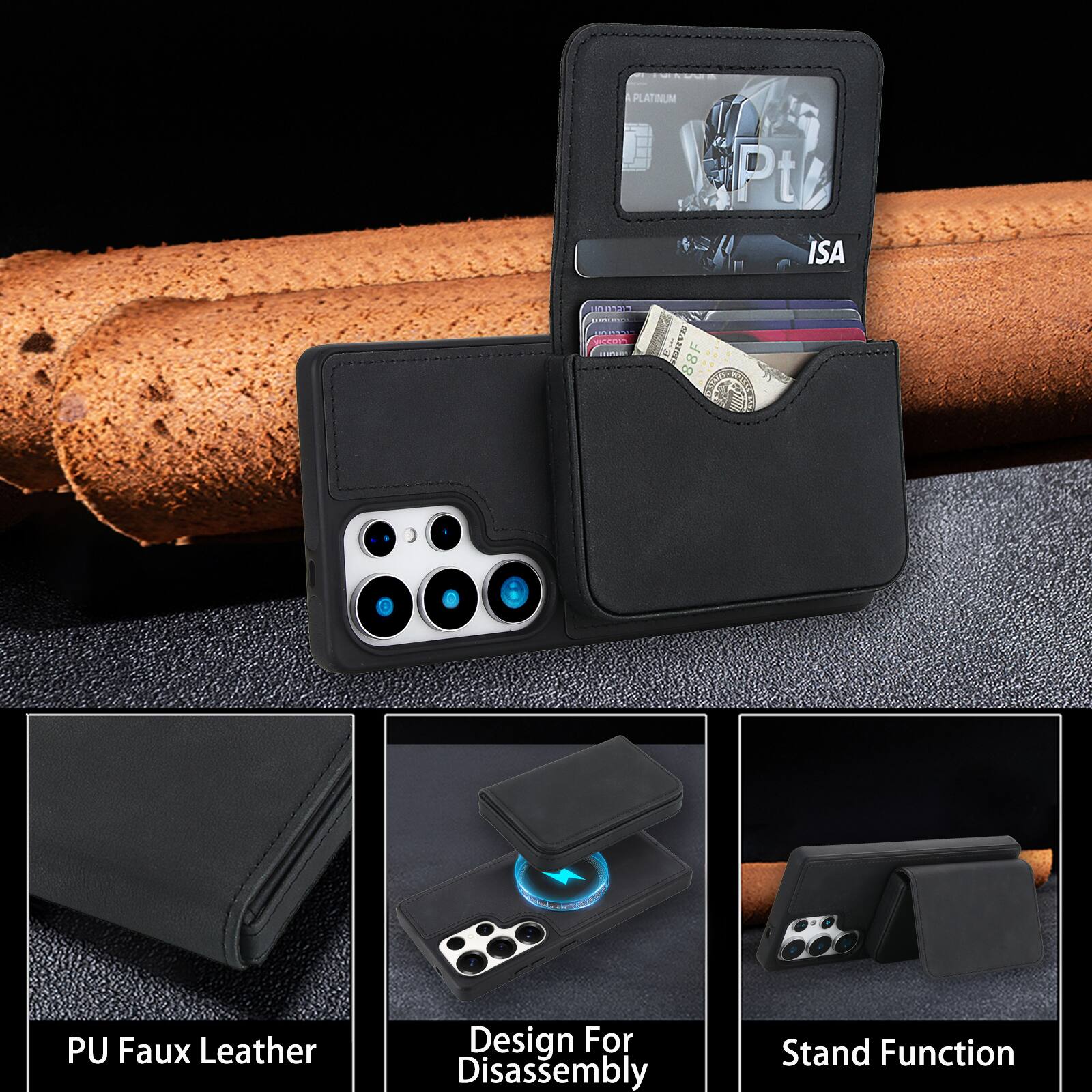PLATINUM Pt " M ISA adais  
O O 1 1 RcS 88F DO 00 SN P S PU Faux Leather Design For Disassembly Stand Function