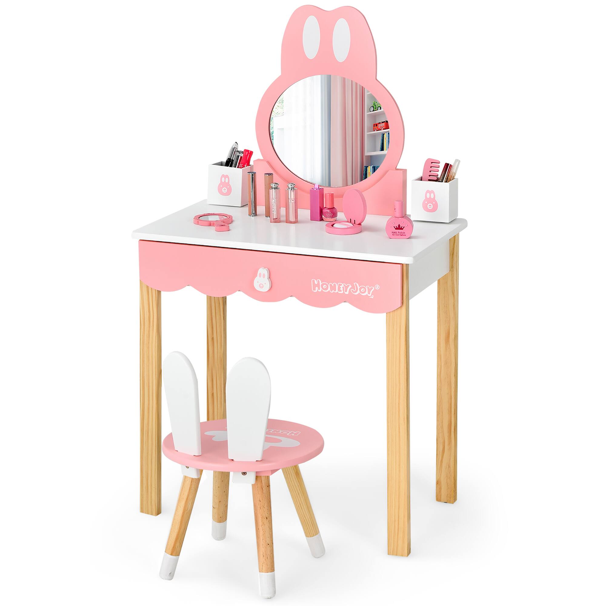 Costway - Kids Vanity Set Rabbit Makeup Dressing Table Chair Set W/ Mirror Drawer - White