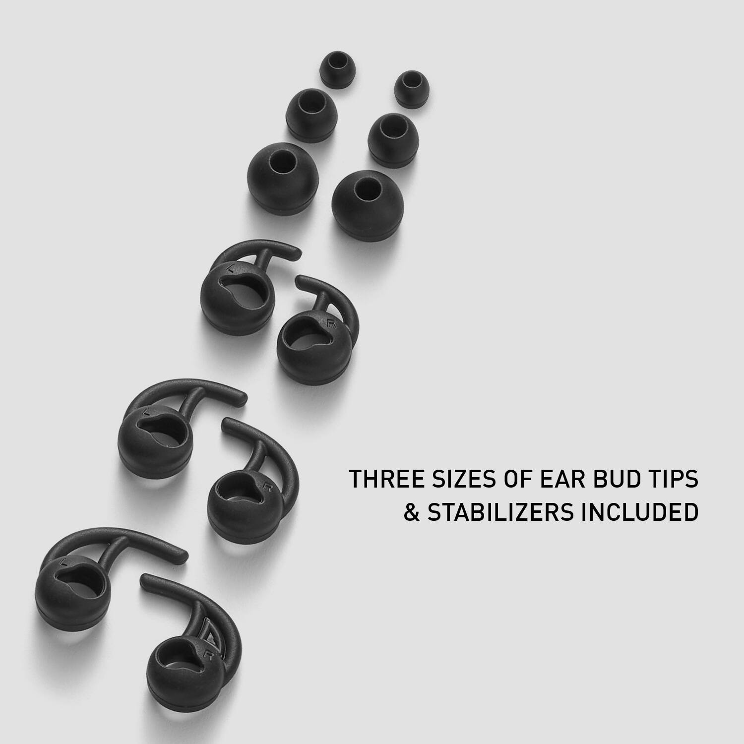Three sizes of ear bud tips and stabilizers are included.
