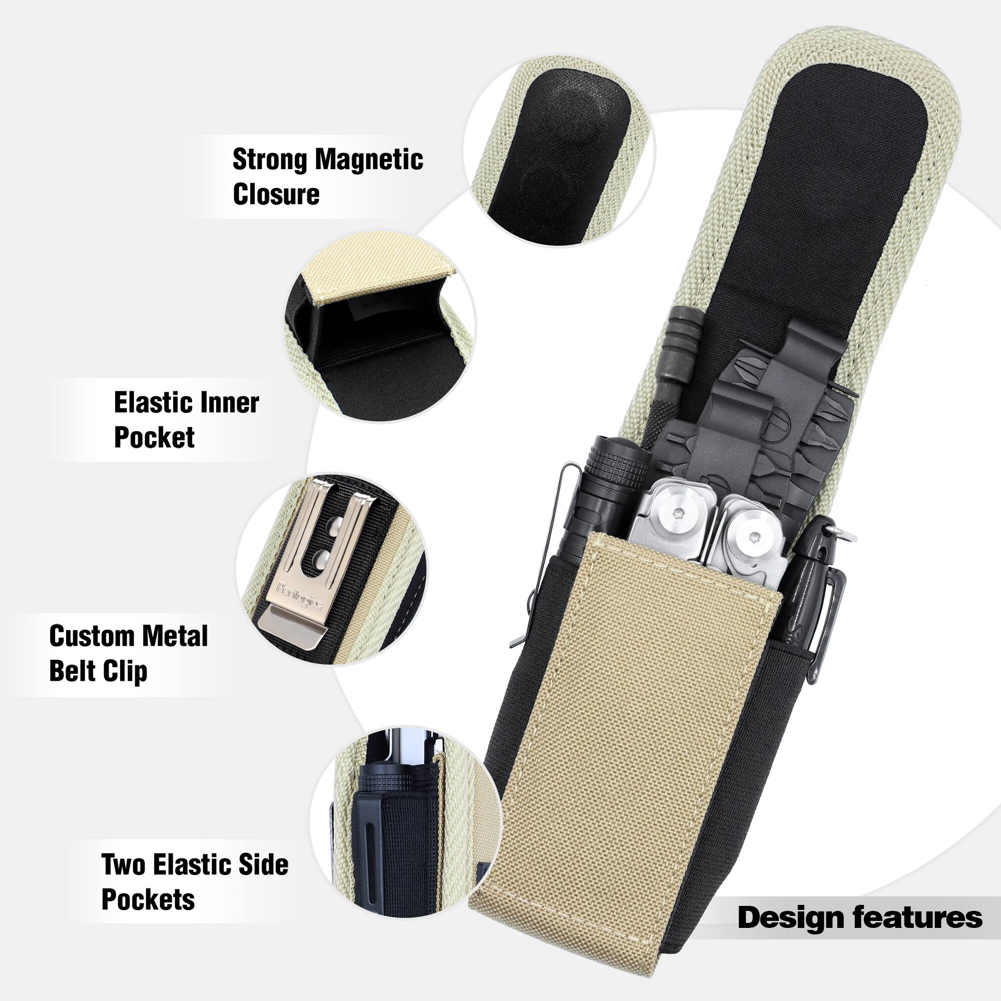 Strong Magnetic Closure  
Elastic Inner Pocket  
Custom Metal Belt Clip  
Two Elastic Side Pockets  
Design features