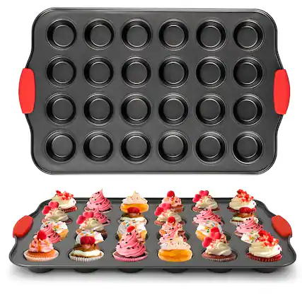 Front. Cheer Collection - 24-Cup Carbon Steel Mini Muffin Pans with Ceramic Nonstick Coating and Silicone Grips, 2-Pack - Black.