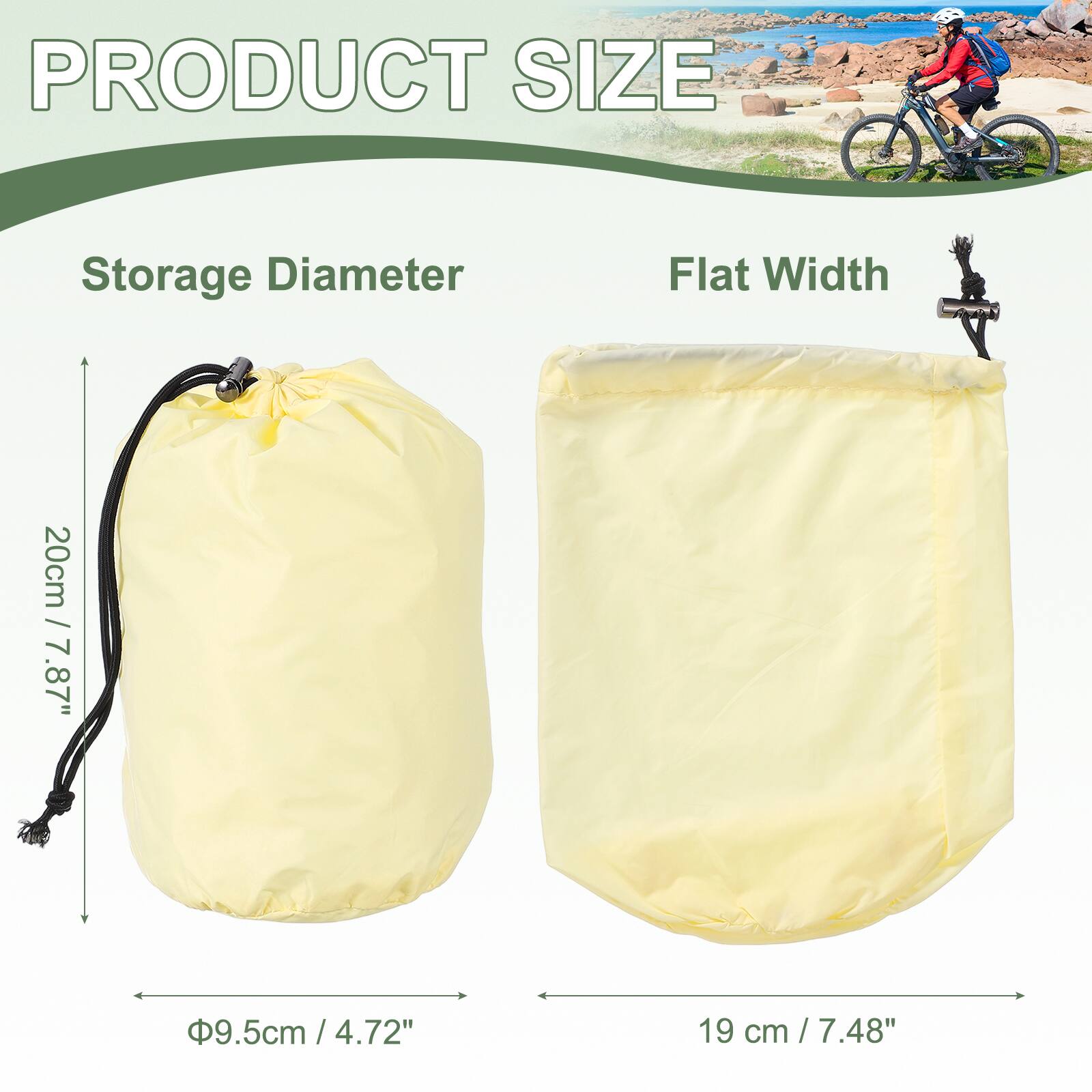 PRODUCT SIZE

Storage Diameter  
20cm / 7.87"  
Φ9.5cm / 4.72"

Flat Width  
19 cm / 7.48"