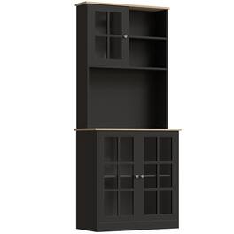 PULUZ - 72 inch Kitchen Pantry Storage Cabinet with Hutch, Large Countertop, Glass Doors and Adjustable Shelves - Black