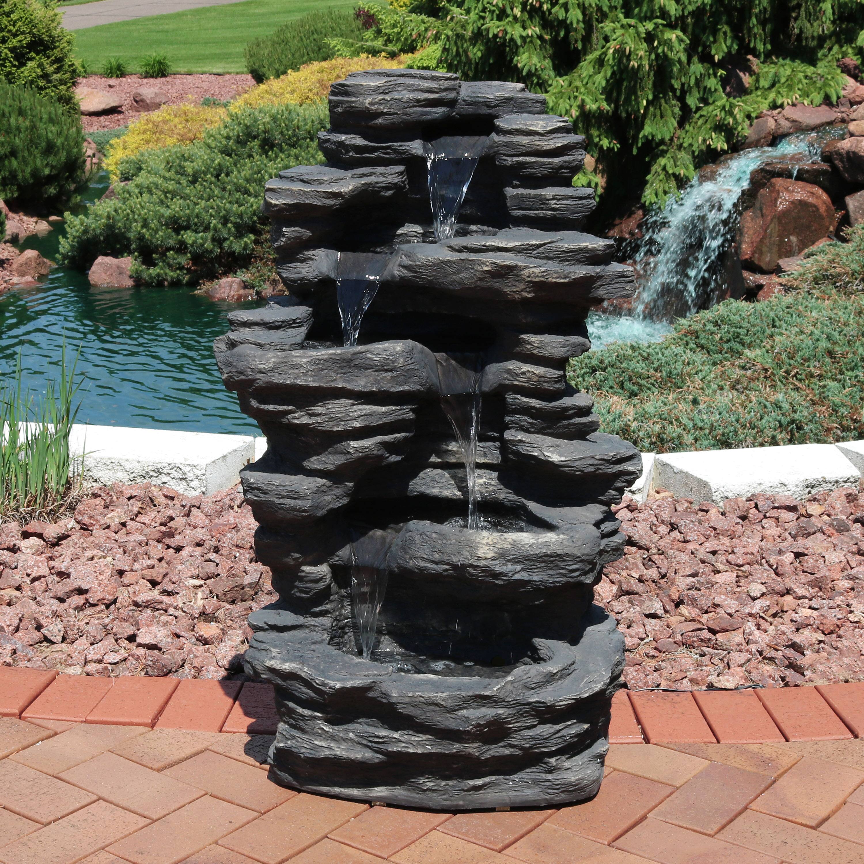 Alt View 3. Sunnydaze - Rock Falls Electric Waterfall Fountain with LED Lights - 39 in - Brown.