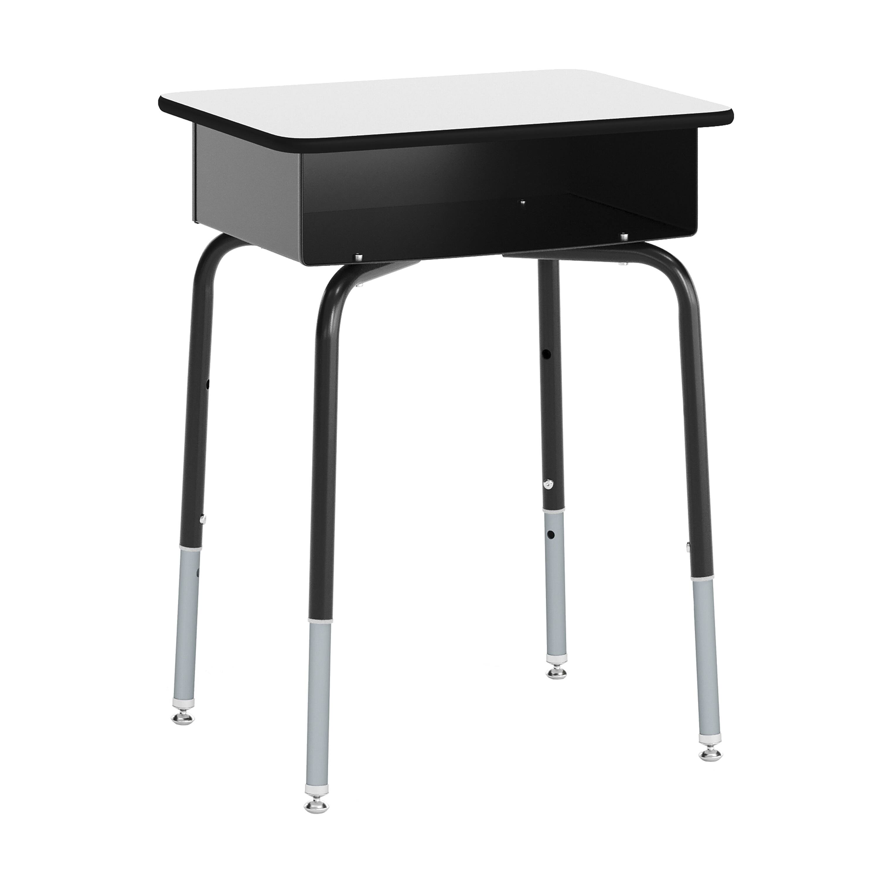 Alt View 7. Emma + Oliver - Jacobs Desk/Chair Set with Metal Open Front Storage Box, Desktop, Metal Frame and Stackable Flex Comfort Classroom Chair - Gray Top/Navy Chair.