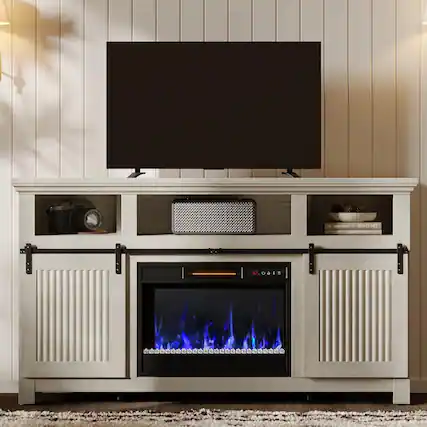 The image shows a modern entertainment center with a television, a soundbar, and an electric fireplace. The text on the image reads:
"92.0°C 8"
