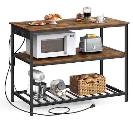 Front. Songmics Home - Kitchen Island with 3 Shelves, 47.2 Inches Width Kitchen Shelf with Power Strip, Large Worktop, Stable Steel Structure - Rustic Brown and Black.