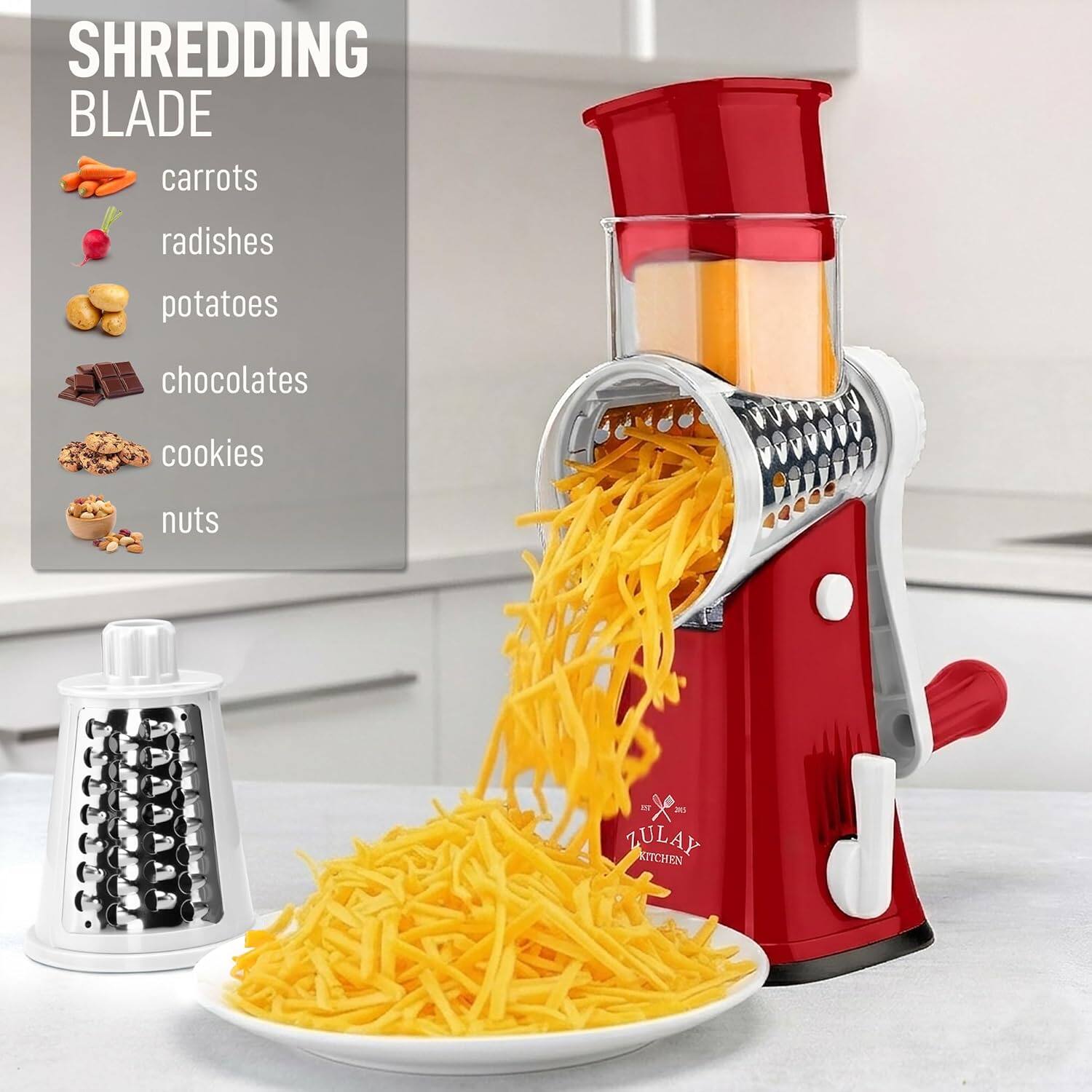 SHREDDING BLADE

- carrots
- radishes
- potatoes
- chocolates
- cookies
- nuts

IN x 21 ZULAY KITCHEN