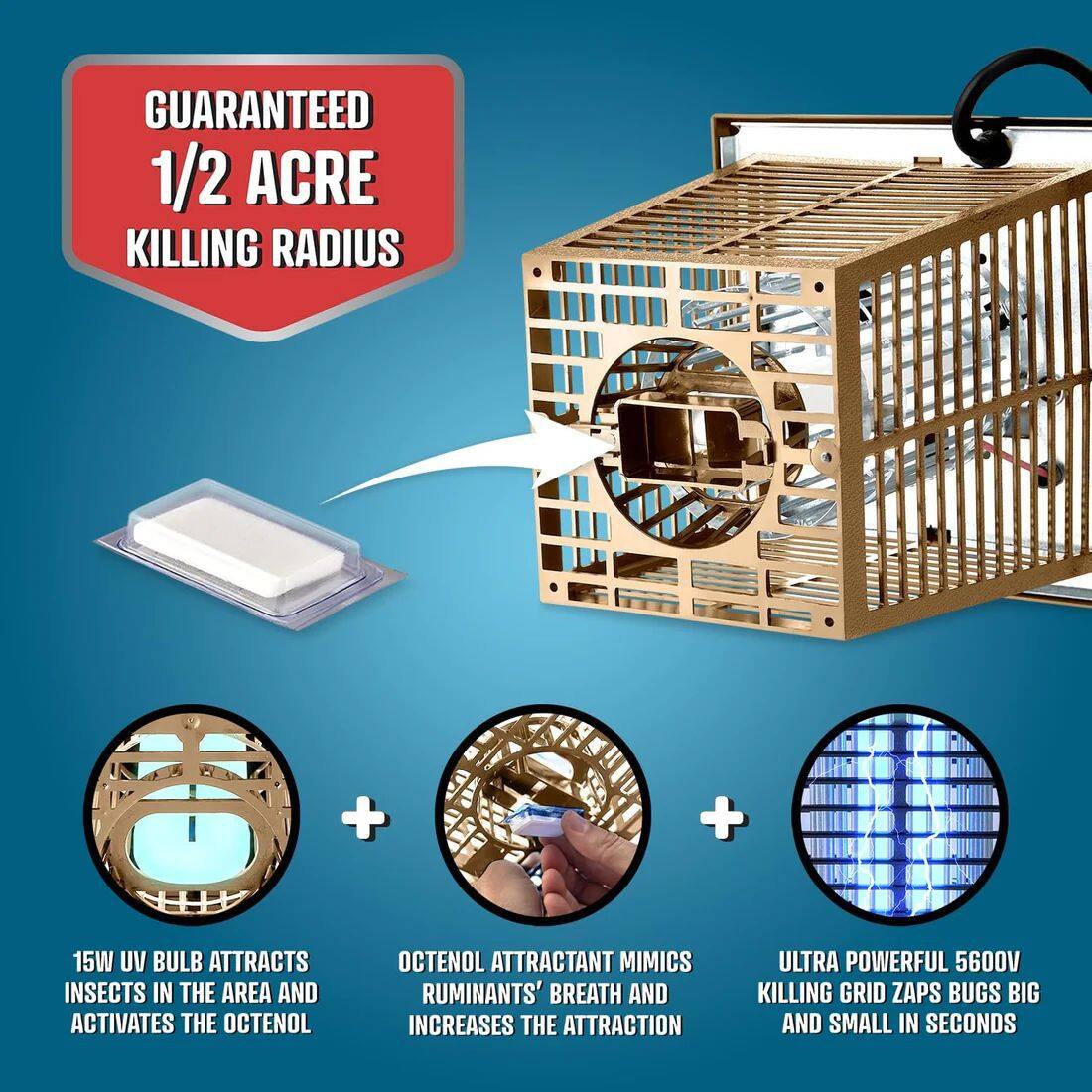 GUARANTEED 1/2 ACRE KILLING RADIUS

15W UV BULB ATTRACTS INSECTS IN THE AREA AND ACTIVATES THE OCTENOL

OCTENOL ATTRACTANT MIMICS RUMINANTS' BREATH AND INCREASES THE ATTRACTION

ULTRA POWERFUL 5600V KILLING GRID ZAPS BUGS BIG AND SMALL IN SECONDS