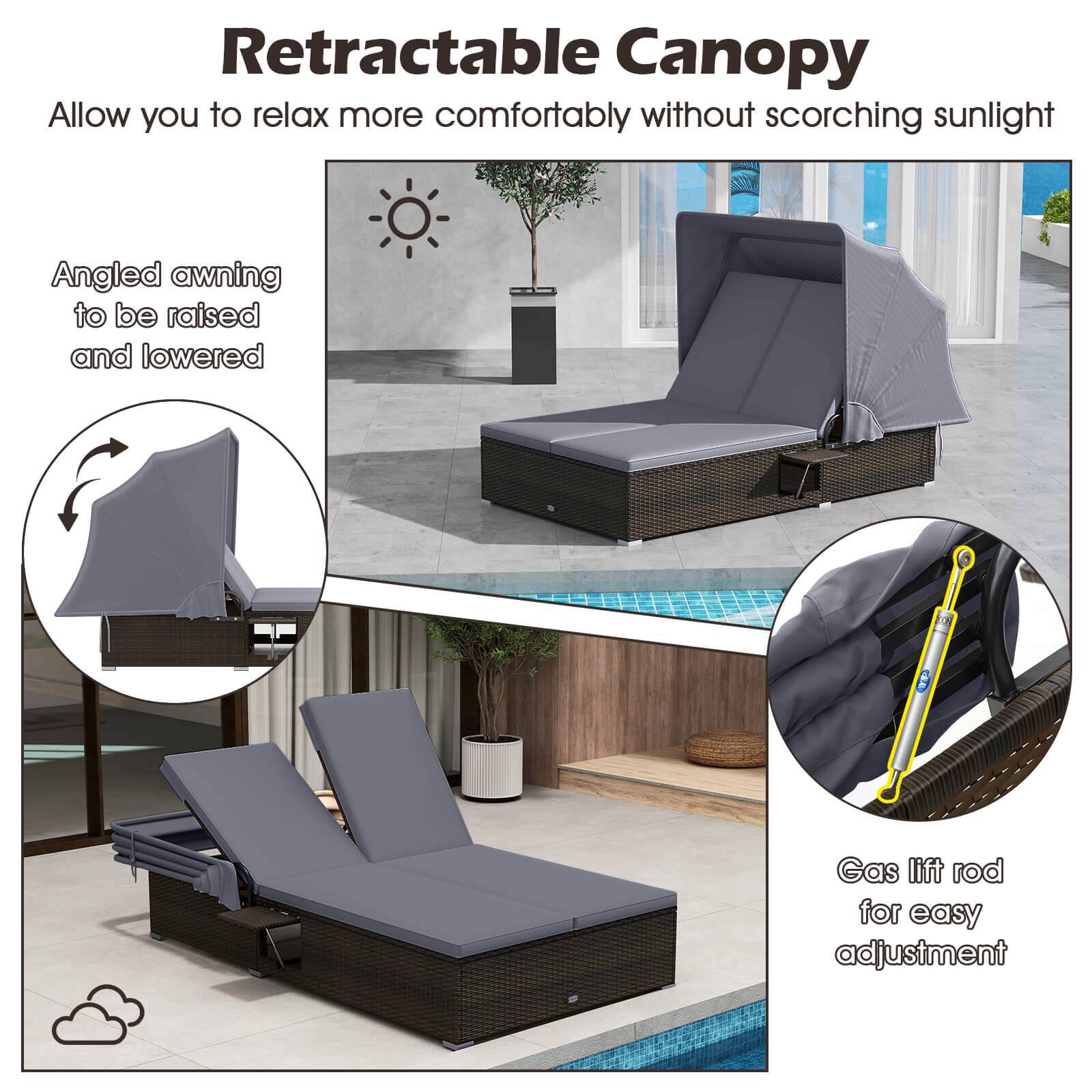 **Retractable Canopy**

Allow you to relax more comfortably without scorching sunlight

- Angled awning to be raised and lowered
- Gas lift rod for easy adjustment