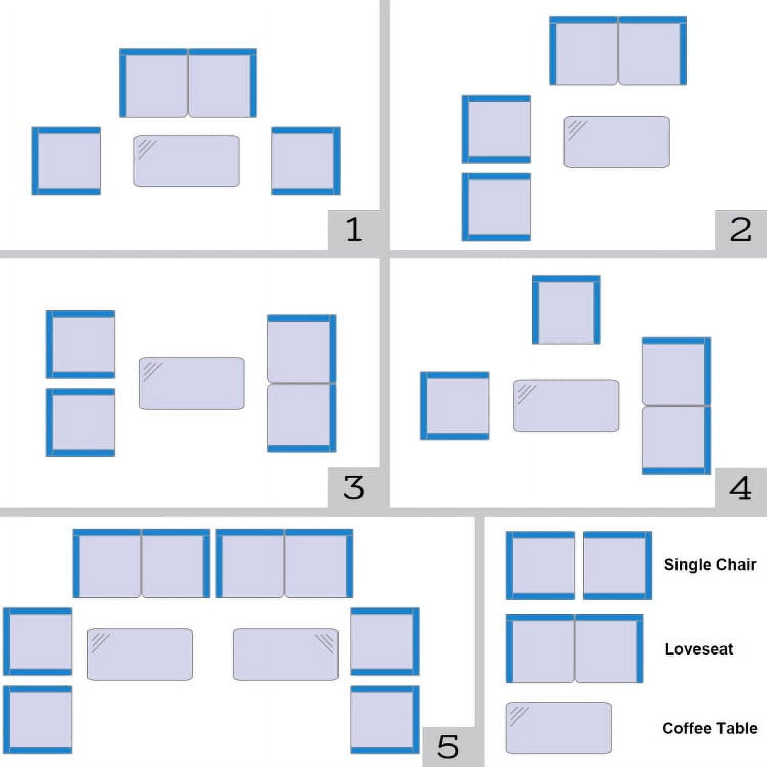 1. Single Chair  
2. Loveseat  
3. Coffee Table  

4. Single Chair  
5. Loveseat  
6. Coffee Table