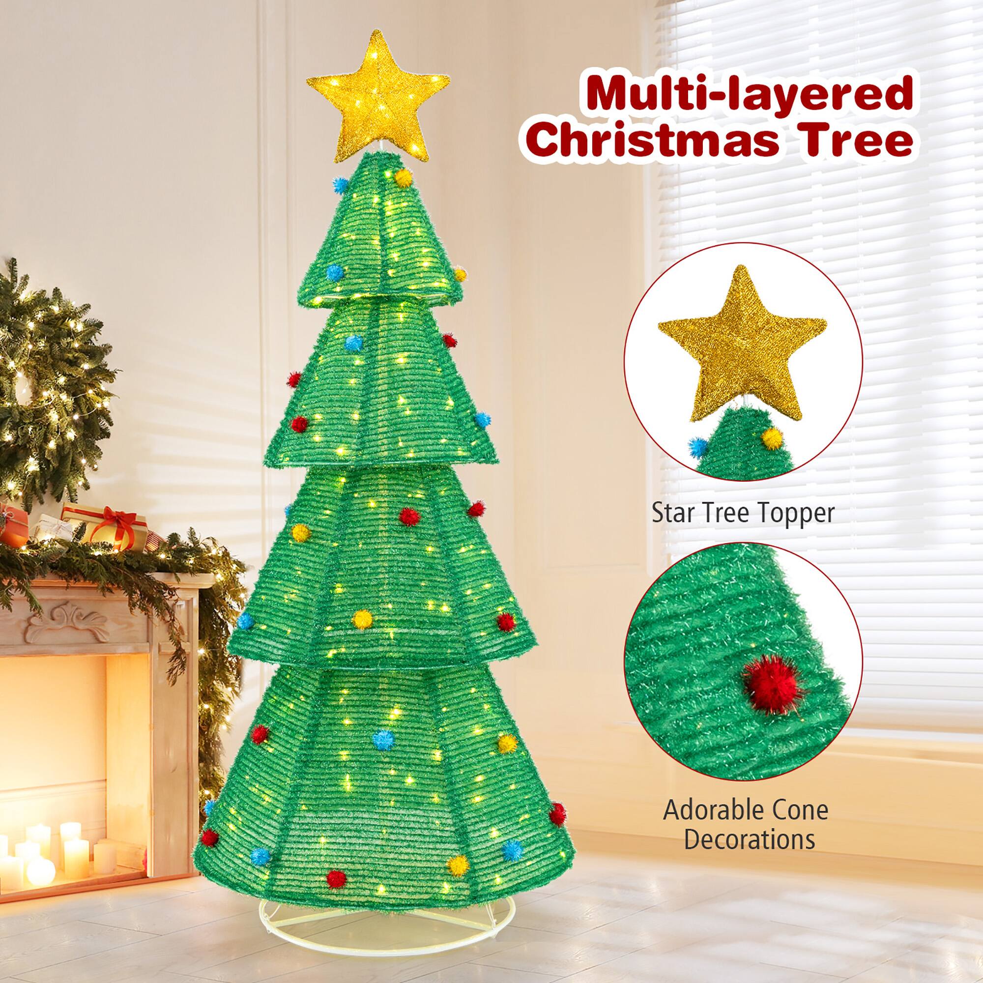 Multi-layered Christmas Tree  
Star Tree Topper  
Adorable Cone Decorations