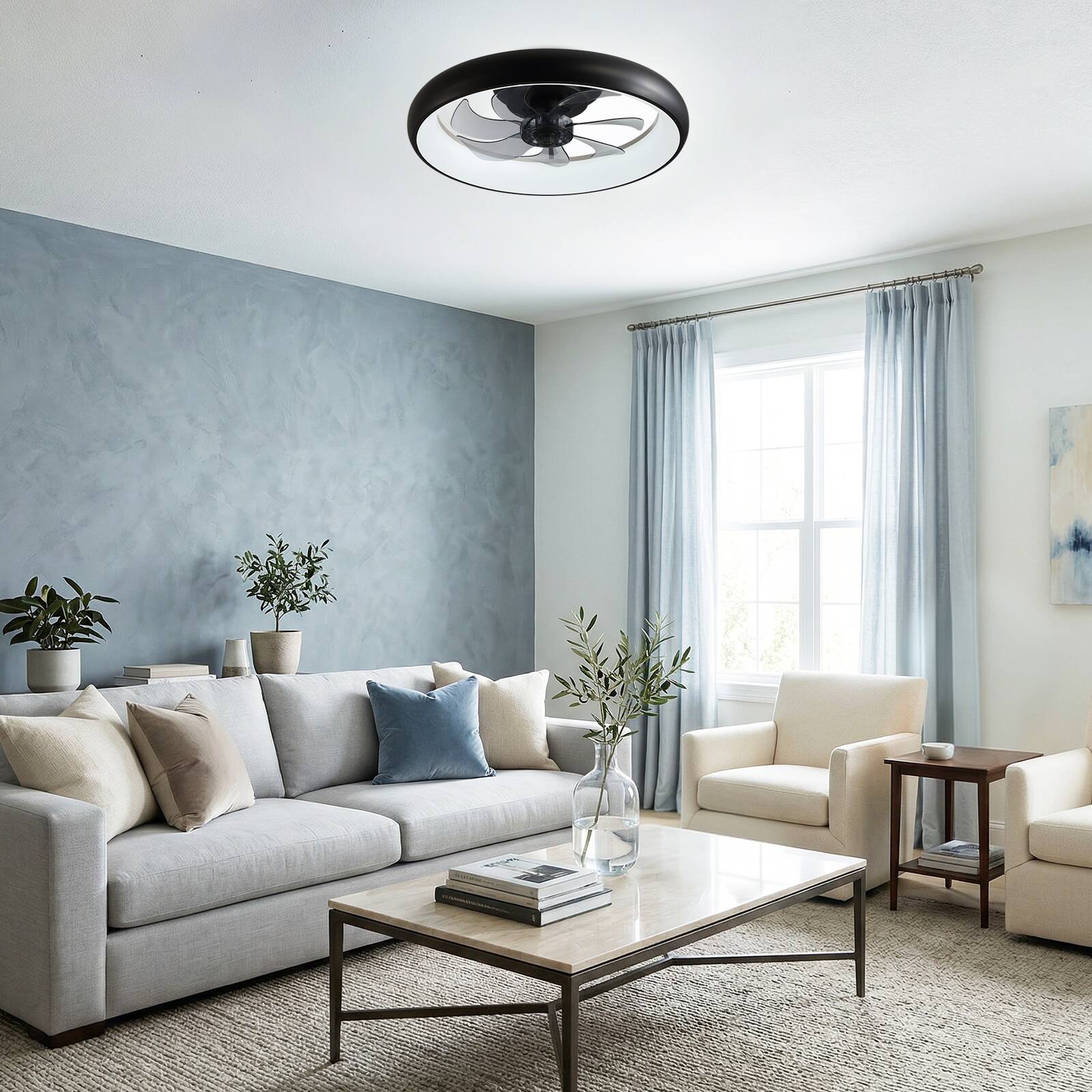 Alt View 7. Siljoy - 20 Inch Black Flush Mount Ceiling Fan with LED Lights, Remote & APP Control for Bedroom Living Room Kitchen - Black.