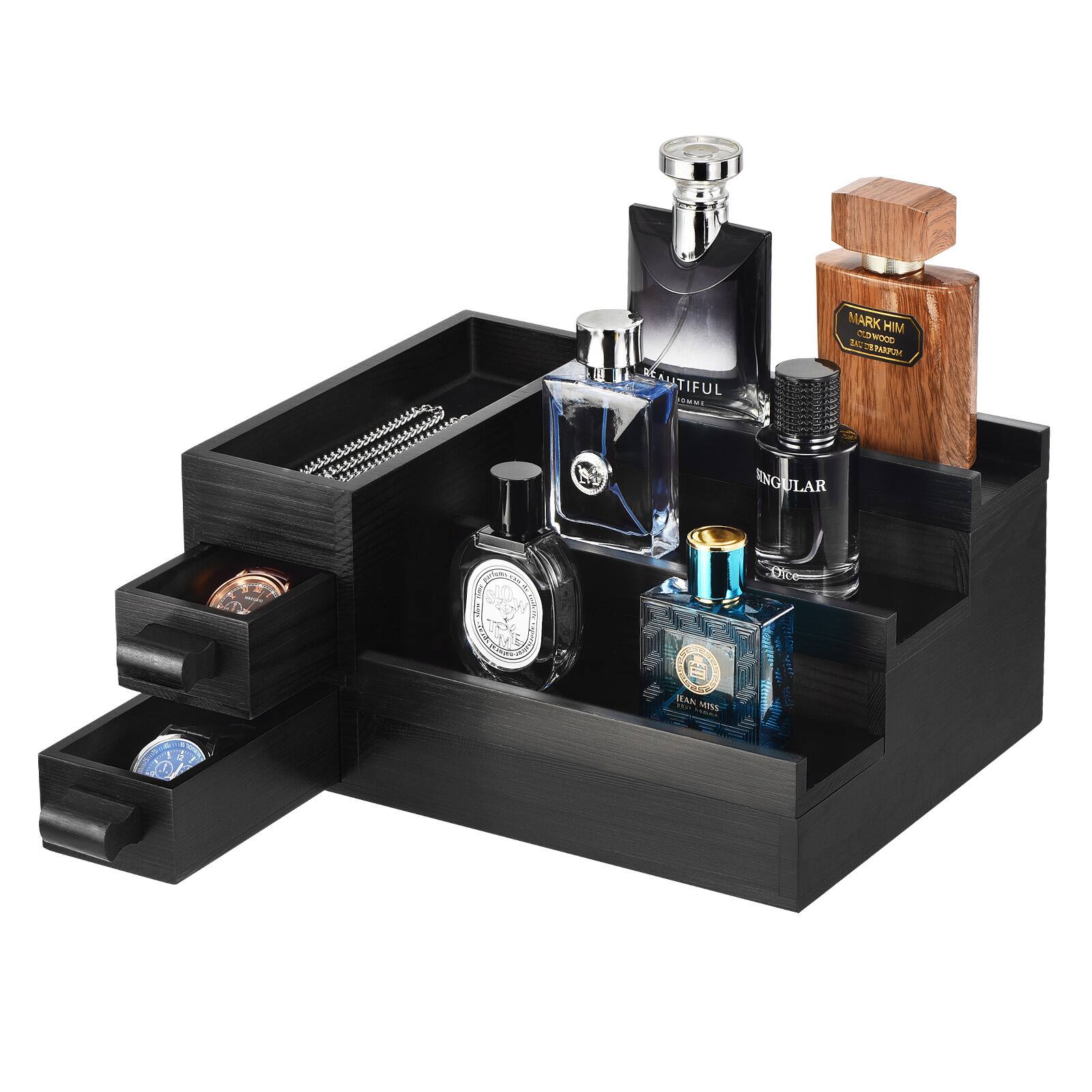 Unique Bargains - 3 Tier Perfume Stand Organizer for Men, Display Shelf with Velvet Lining Drawer and Hidden Compartment - Black