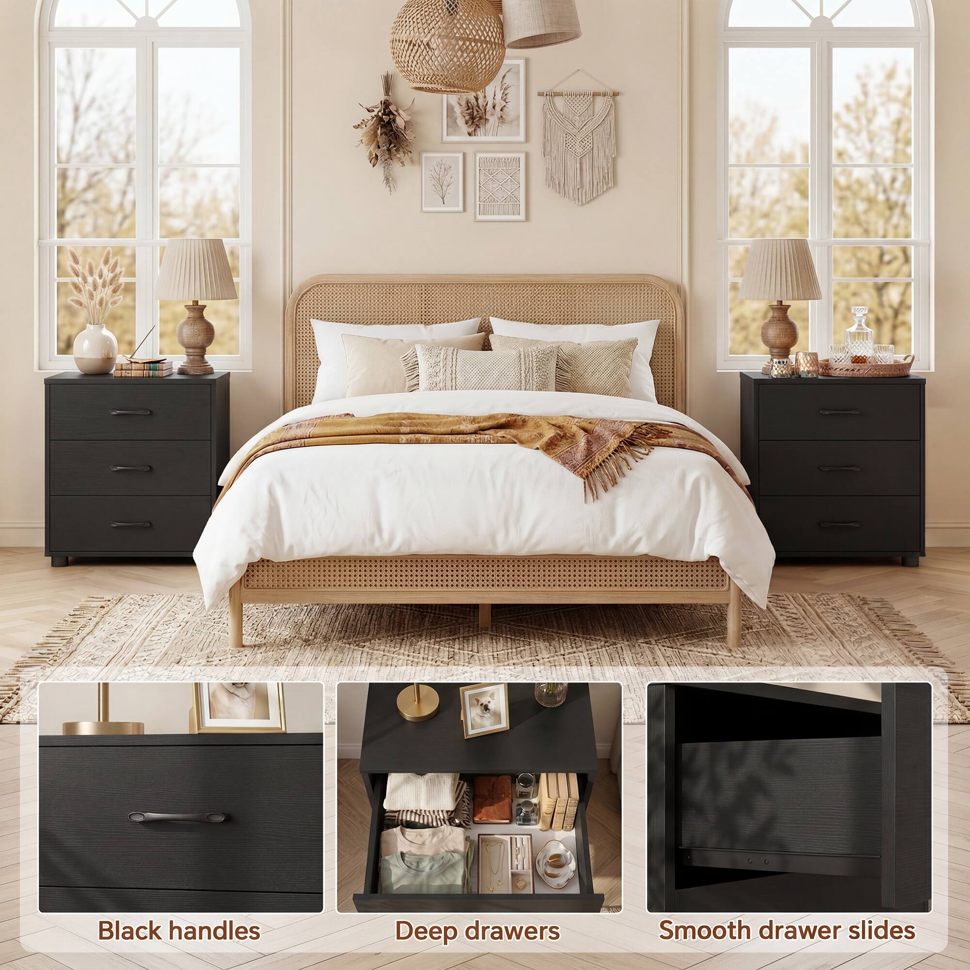 Black handles  
Deep drawers  
Smooth drawer slides
