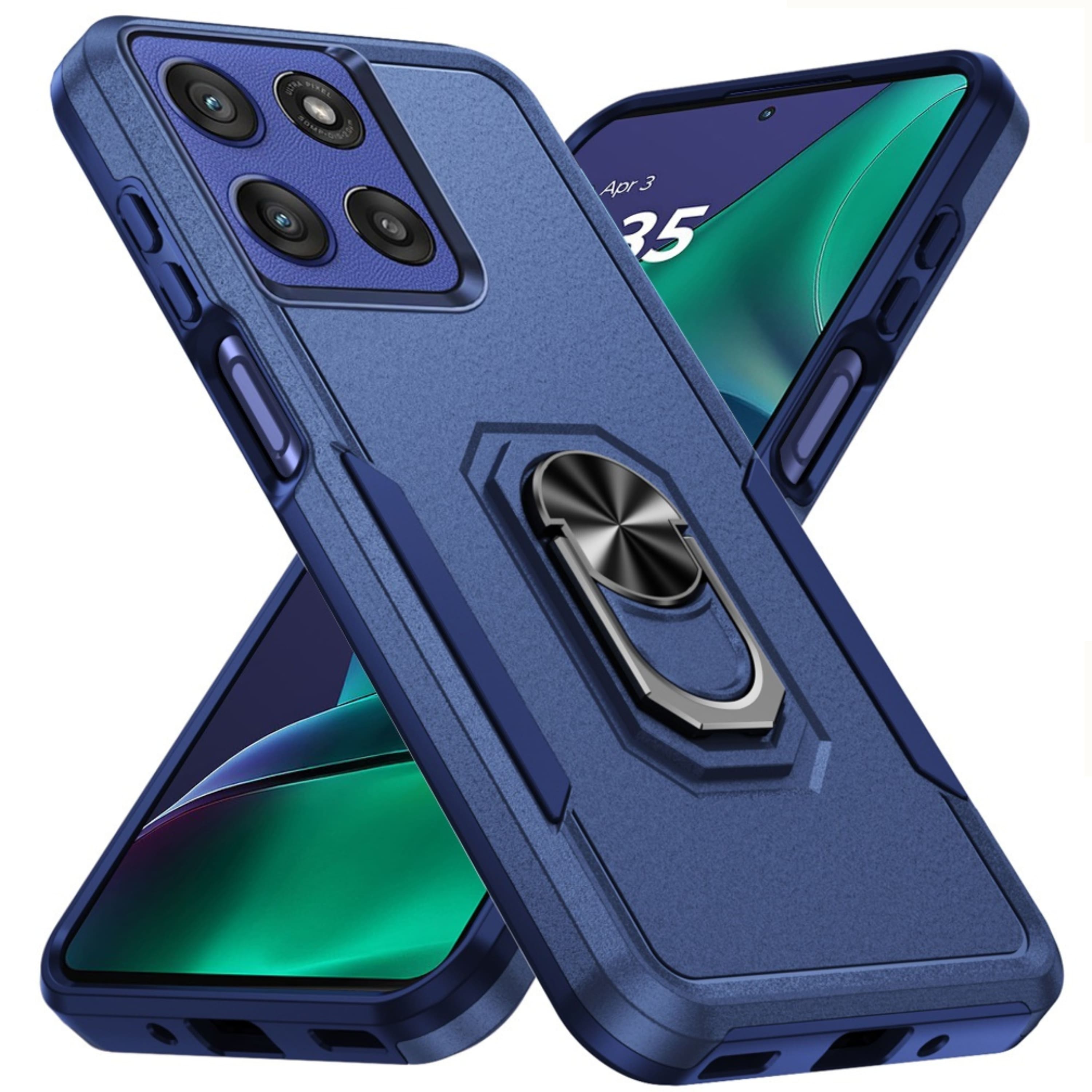 Kitcheniva - Hard Shell Soft Inner Rubber Cover Metal Ring Stand Phone Case With Tempered Glass For Moto G Stylus 2026/2025 - Dark Blue