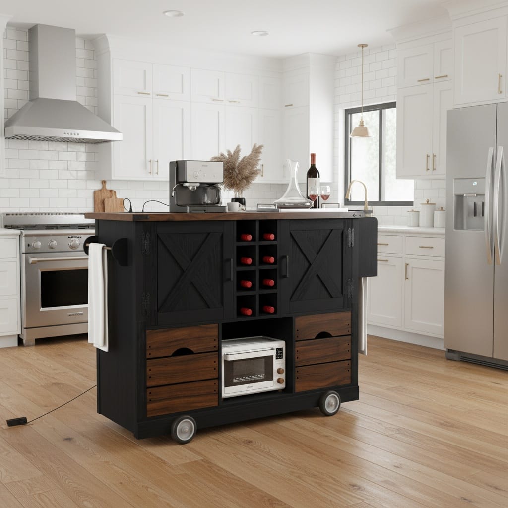 Forest'nSky - Kitchen Island on 4 Large Wheels, 54" Farmhouse Style with Drop Leaf, Power Outlet, 2 Doors - Black