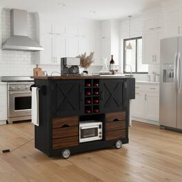 Forest'nSky - Kitchen Island on 4 Large Wheels, 54" Farmhouse Style with Drop Leaf, Power Outlet, 2 Doors - Black