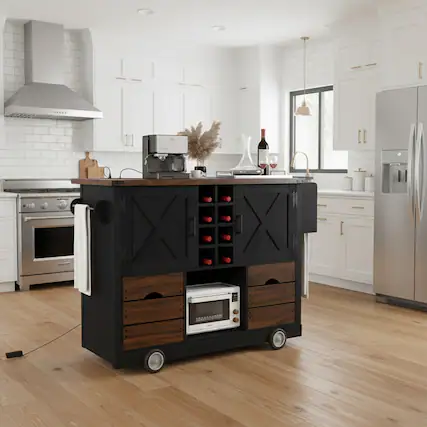 Front. Forest'nSky - Kitchen Island on 4 Large Wheels, 54" Farmhouse Style with Drop Leaf, Power Outlet, 2 Doors, Black - Black.