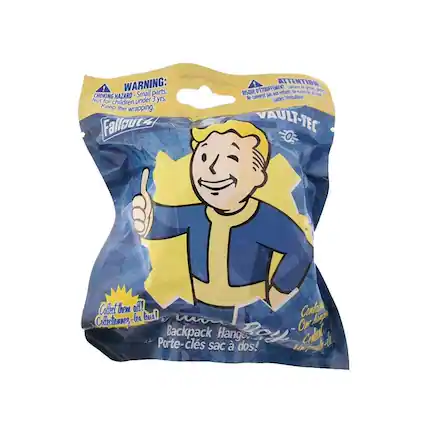 **WARNING:**
CHOKING HAZARD - Small parts. Not for children under 3 yrs. Keep the wrapping.
**ATTENTION:**
RISQUE D'ÉTOUFFEMENT - Ne convient pas aux enfants de moins de 3 ans. Gardez l'emballage.
**VAULT-TEC**
**Fallout 4**
**Collect them all!**
**Collectez-les tous!**
**Backpack Keychain**
**Porte-clés sac à dos!**
**Hang it!**
**Accrochez-le!**