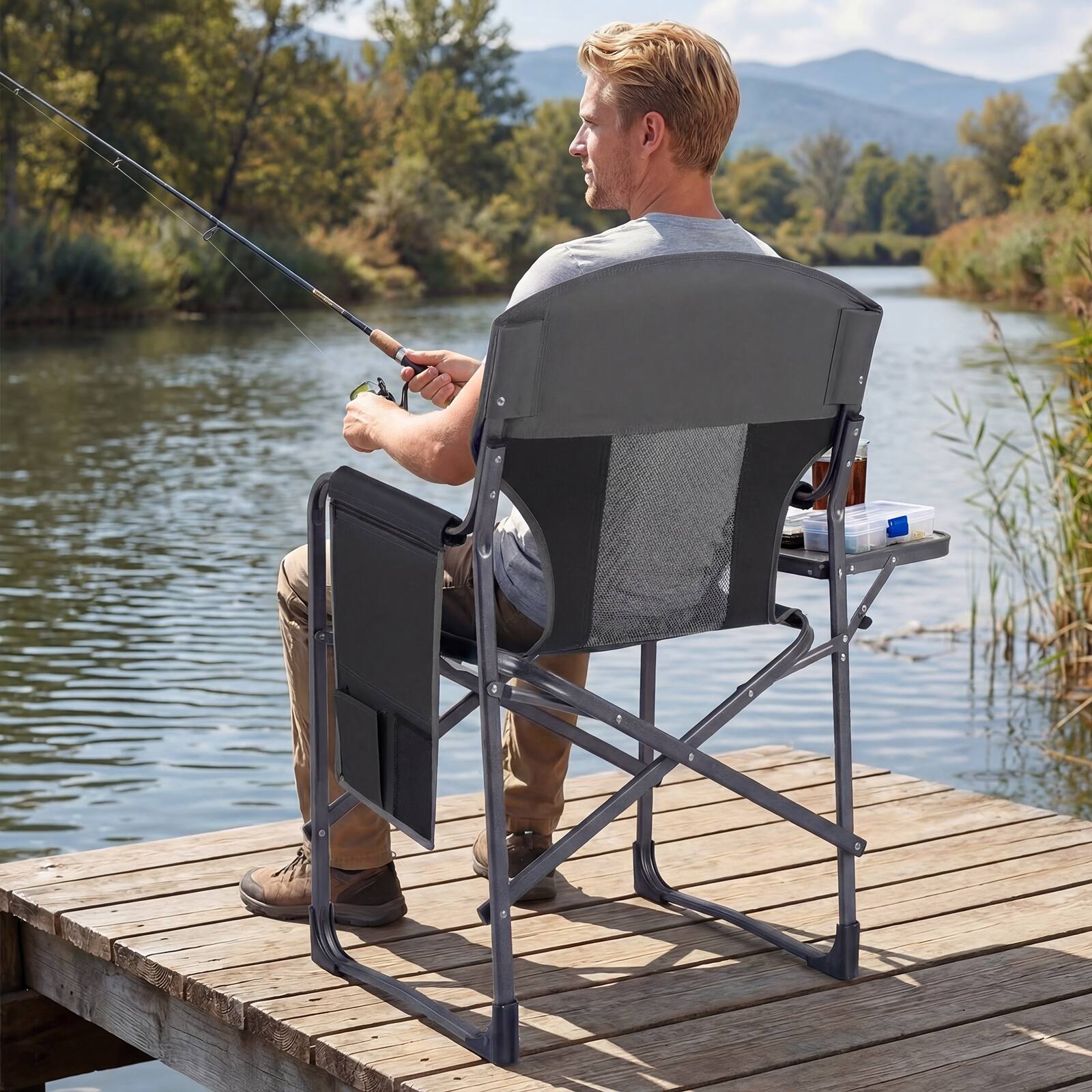 Alt View 4. Gymax - Gymax 2 Pcs Camping Chair Oversized Padded Portable Directors Chair w/ Side Table Black & Gray - Black.