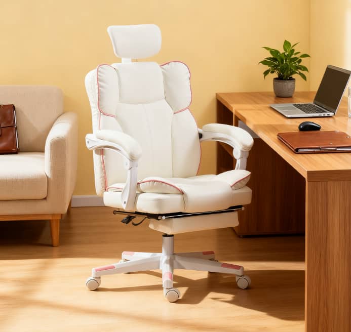 Aukfa - Modern Gaming Office Chair, With Recliner & Footrest,for Home Gamers & Office Workers - White