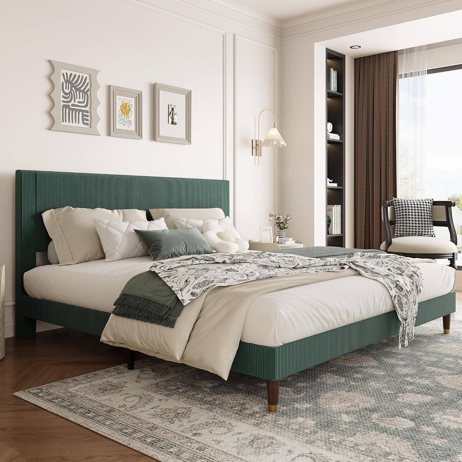 Front. Acekool - King Size Upholstered Platform Bed Frame, Modern Fabric Headboard, Metal & Wood Support, Green, No Box Spring - Green.