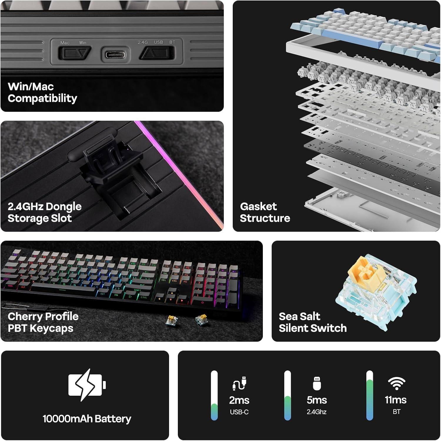 Mac Win 24G USR AT Win/Mac Compatibility 2.4GHz Dongle Storage Slot Gasket Structure - D 1 Cherry Profile PBT Keycaps Sea Salt Silent Switch 10000mAh Battery 2ms USB-C 5ms 2.4Ghz 11ms BT