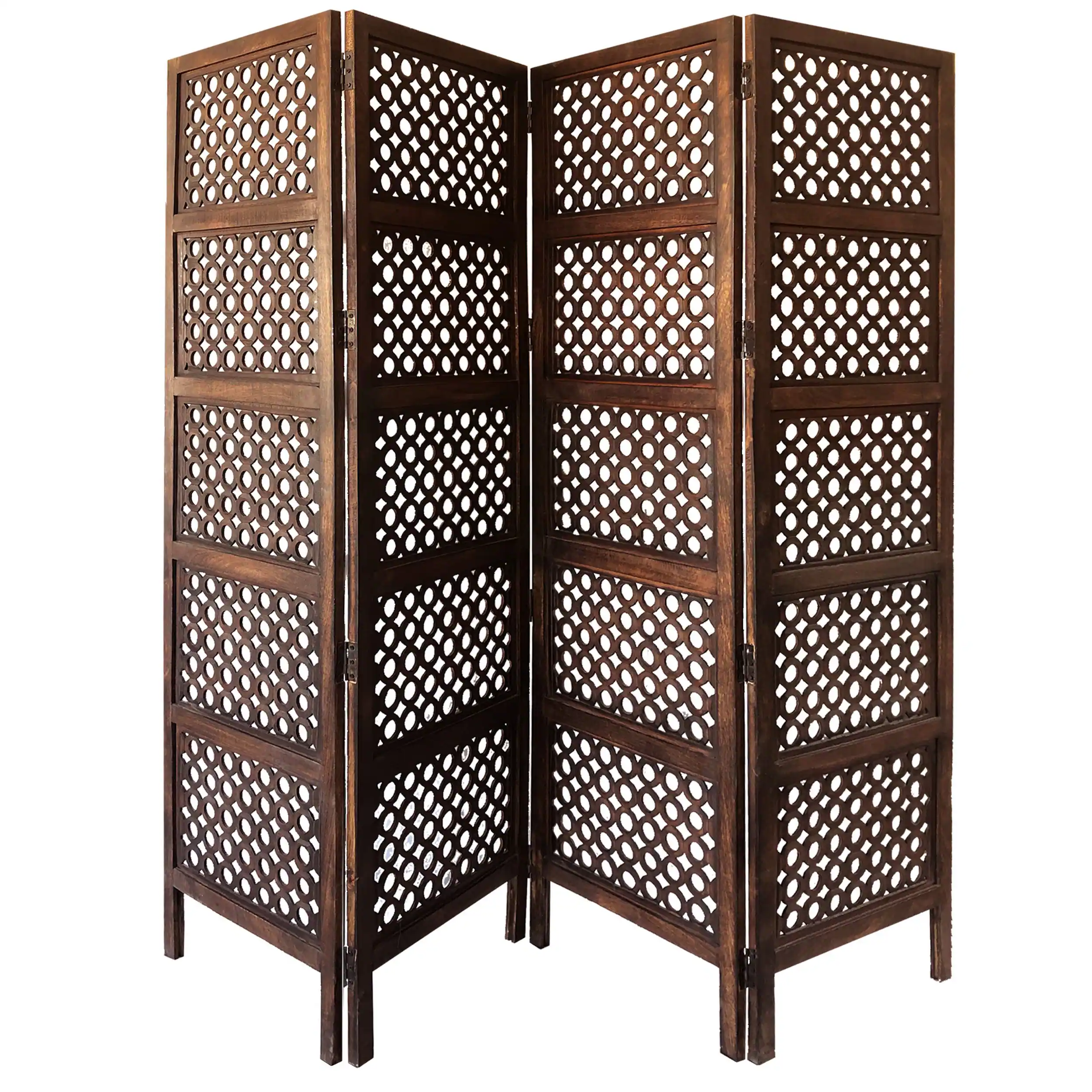 Front. Manhattan Lane - Decorative Four Panel Mango Wood Hinged Room Divider with Circular Cutout Design - Brown.