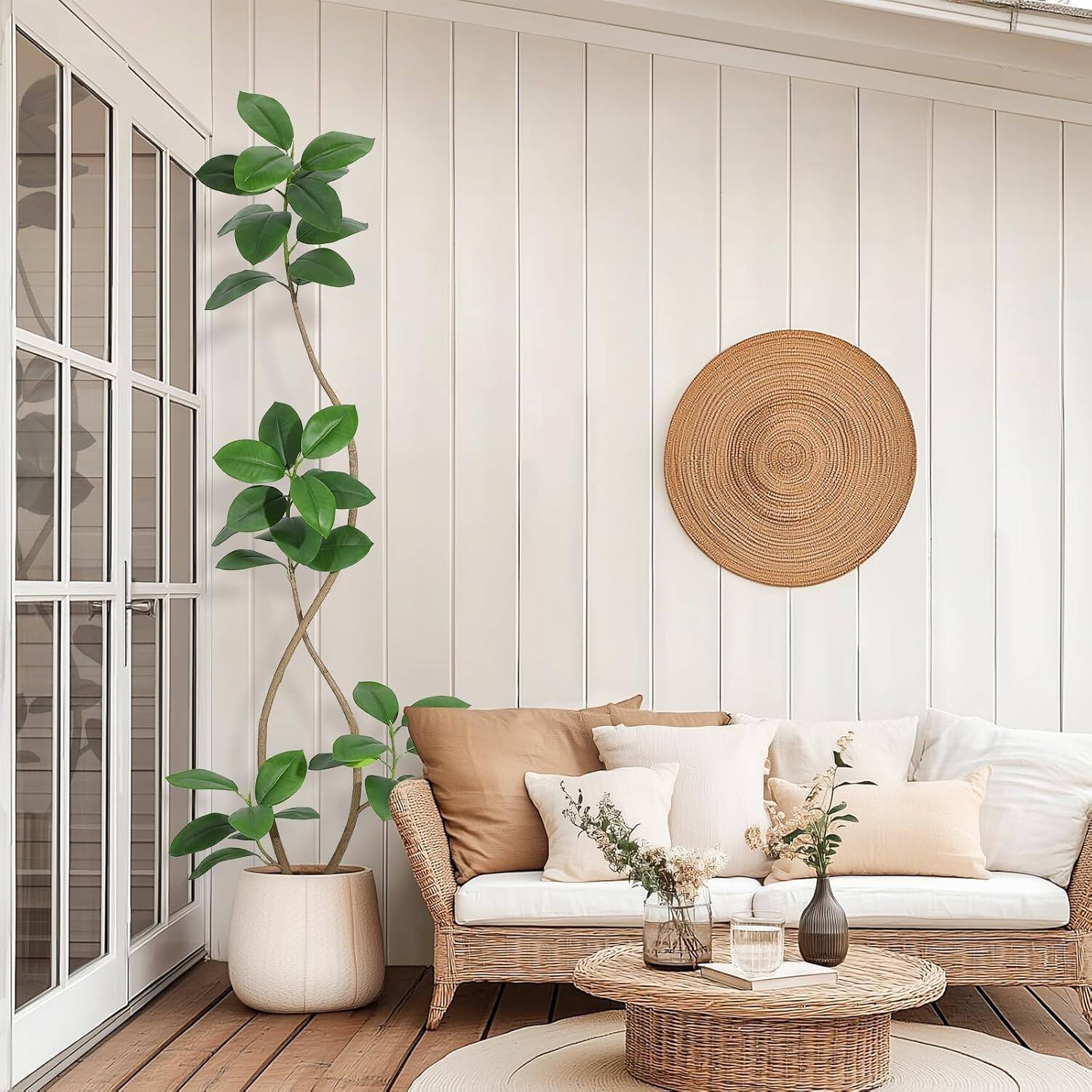 Alt View 2. Homhougo - 7 ft Fiddle Leaf Fig Tree, Fig Tree Faux Plants Indoor, Artificial Plants Indoor Potted with White Sphere Resin Planter - Black Planter White Pebbles.