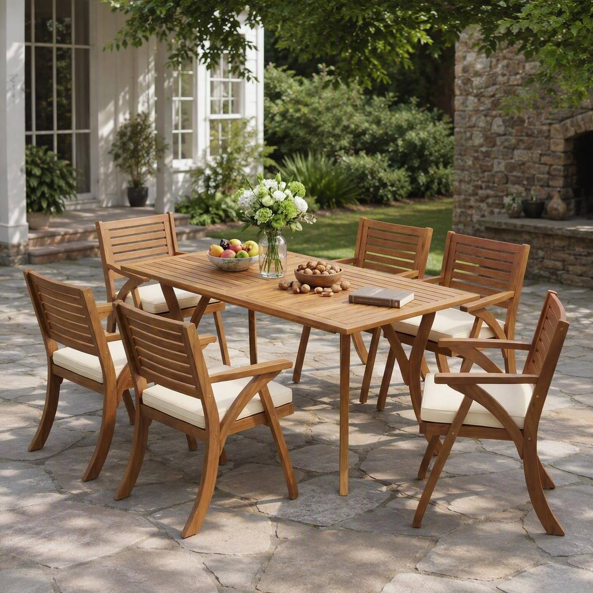 Angle. RYHNUYNE - 7‑Piece Outdoor Teak Finish Wood Dining Set,Patio Furniture Dining Set with Rectangular Table & 6 Arm Chairs - Cream,Teak.