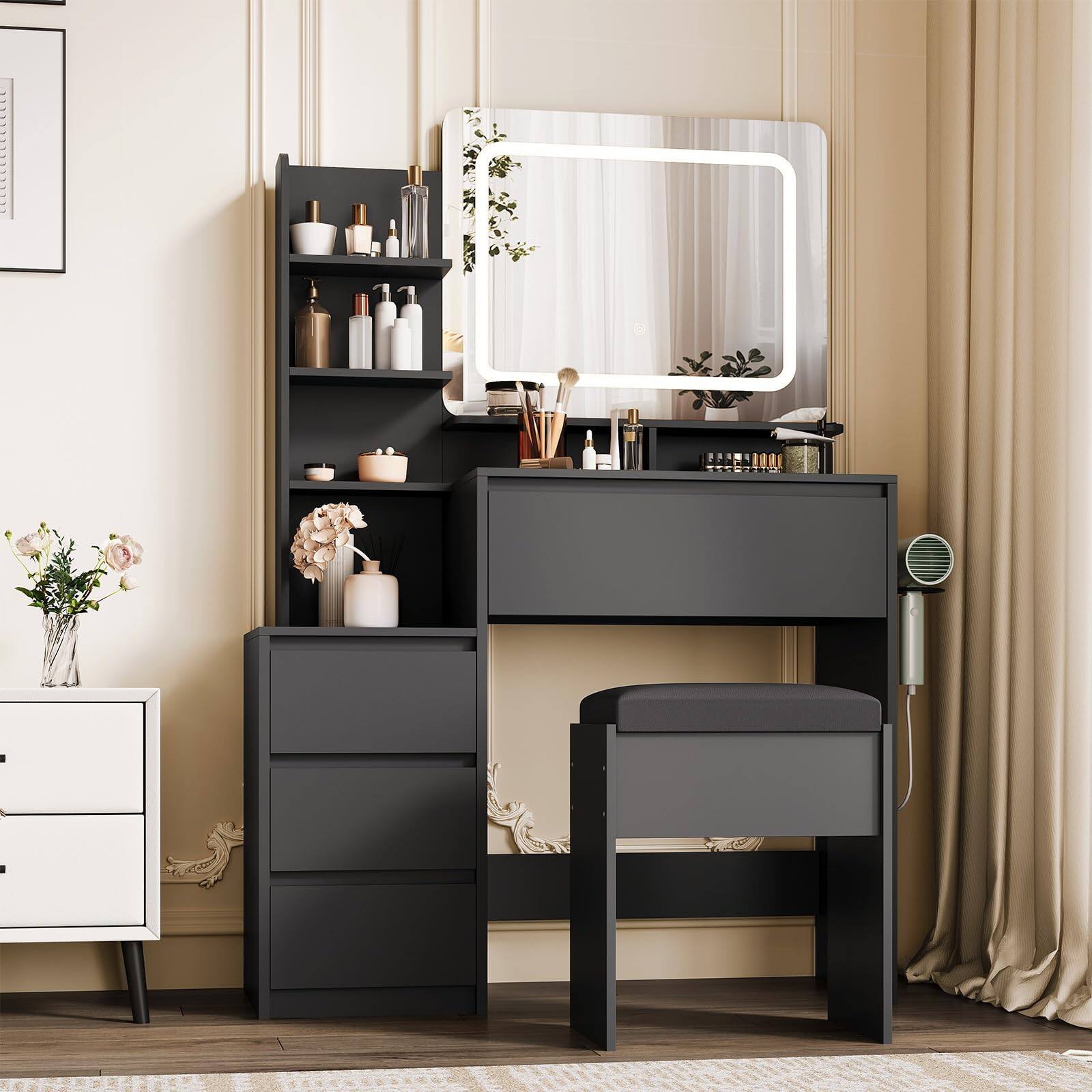 Front. Acekool - Makeup Vanity with Lights, 36-Inch Vanity Desk, 4 Large Drawers Dresser, 3 Lighting Modes, Stool & Charging Station - Black.